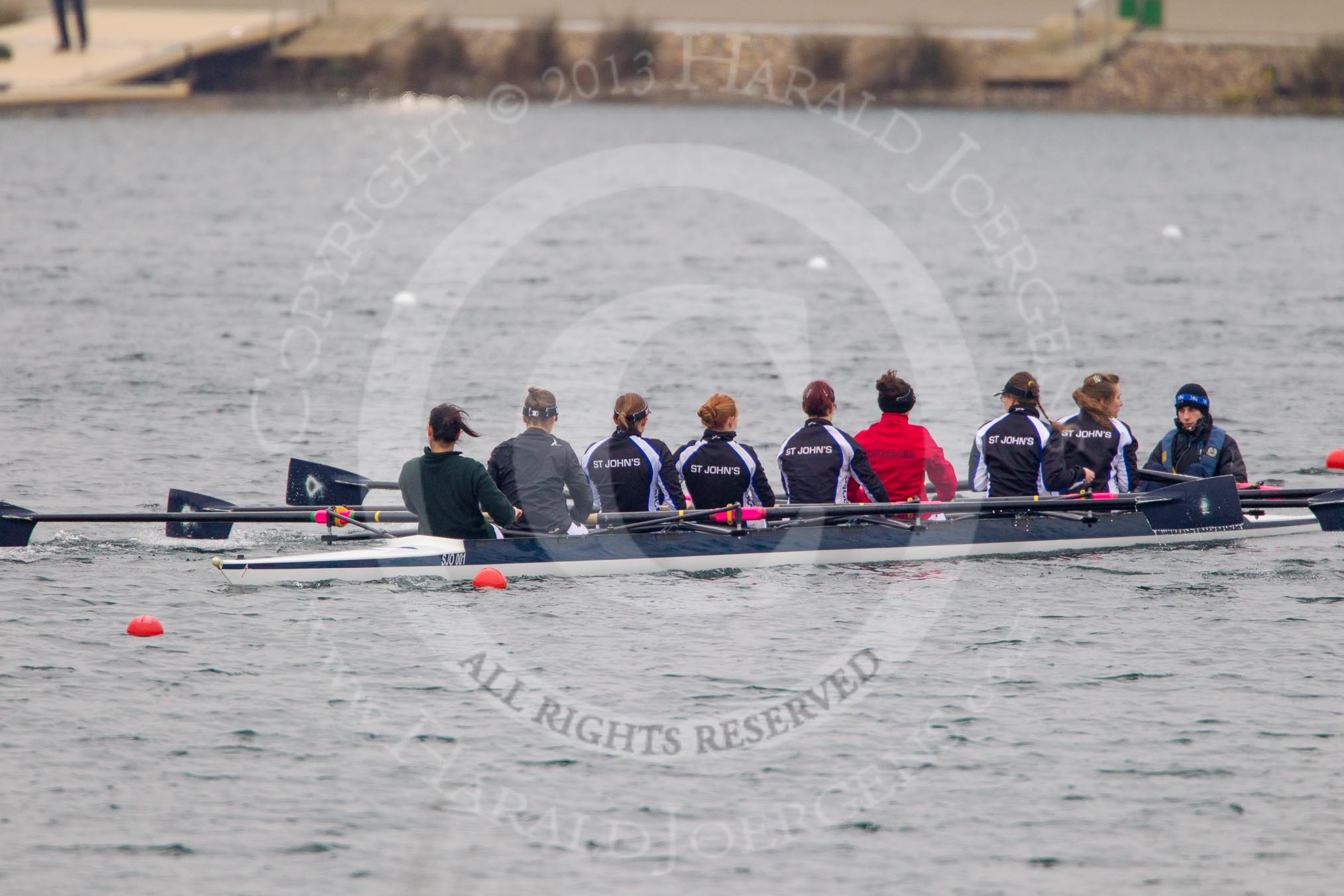 Intercollegiate Women's Race 2013: St John's College, Oxford, with Pirada Trongwongsa at bow, 2 Carly de Jonge, 3 Saskia Greenhalgh, 4 Samantha Rawlinson, 5 Hazel Shepherd, 6 Melissa Bailey, 7 Emma Lowe, stroke Hannah Evans and cox XYZ.