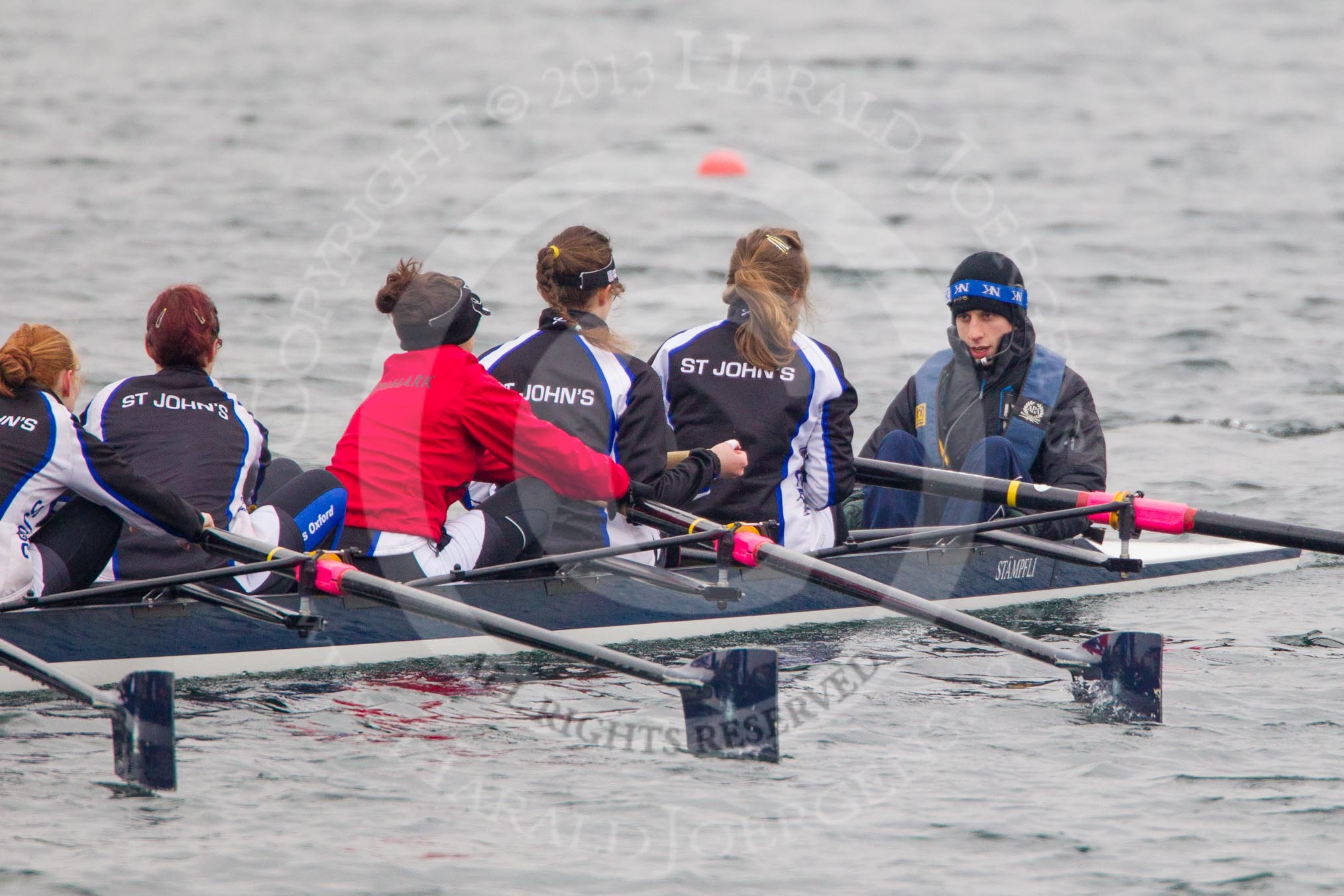 Intercollegiate Women's Race 2013: St John's College, Oxford, with 4 seat Samantha Rawlinson, 5 Hazel Shepherd, 6 Melissa Bailey, 7 Emma Lowe, stroke Hannah Evans and cox XYZ.