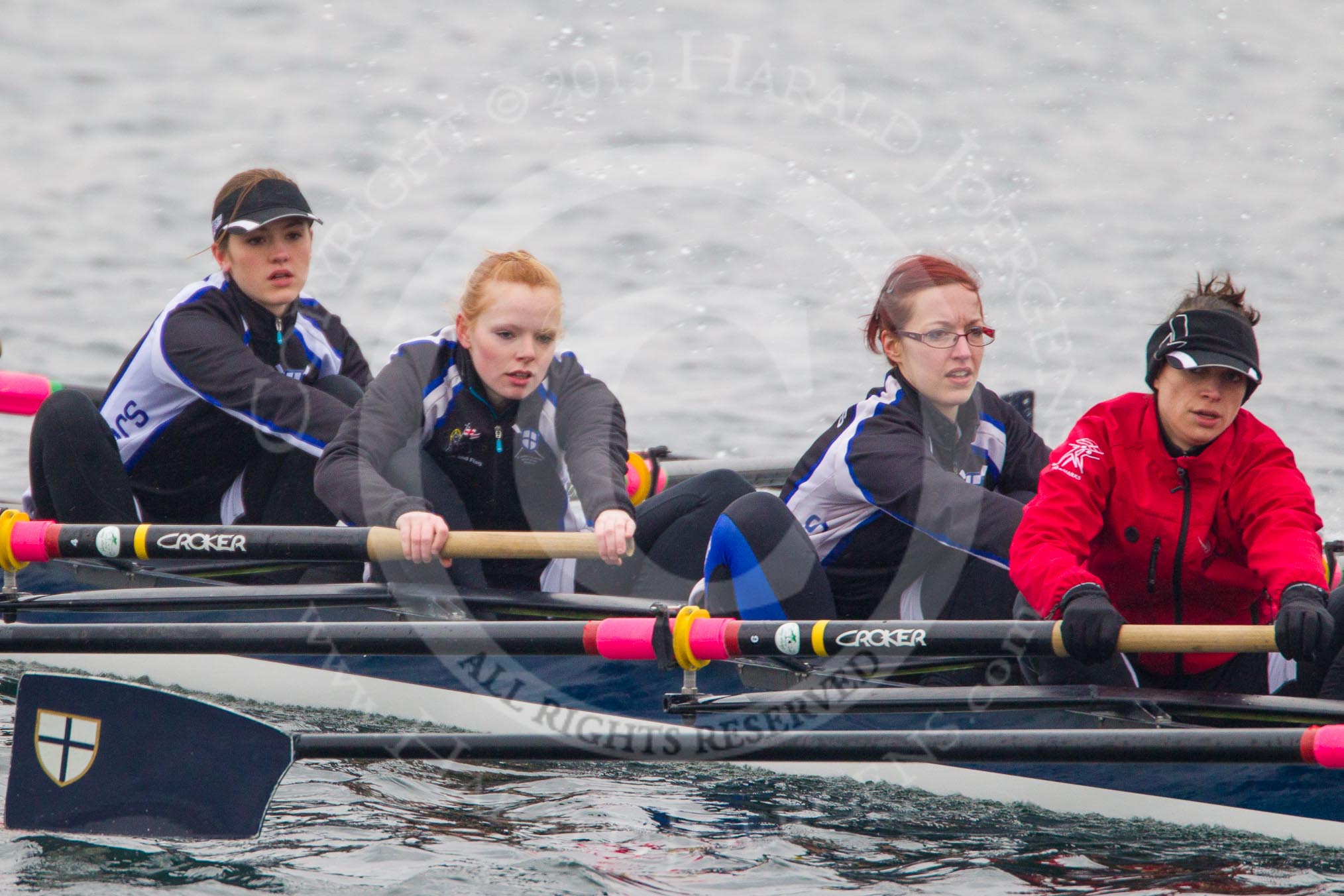 Intercollegiate Women's Race 2013: St John's College, Oxford, with 3 seat Saskia Greenhalgh, 4 Samantha Rawlinson, 5 Hazel Shepherd and 6 Melissa Bailey.