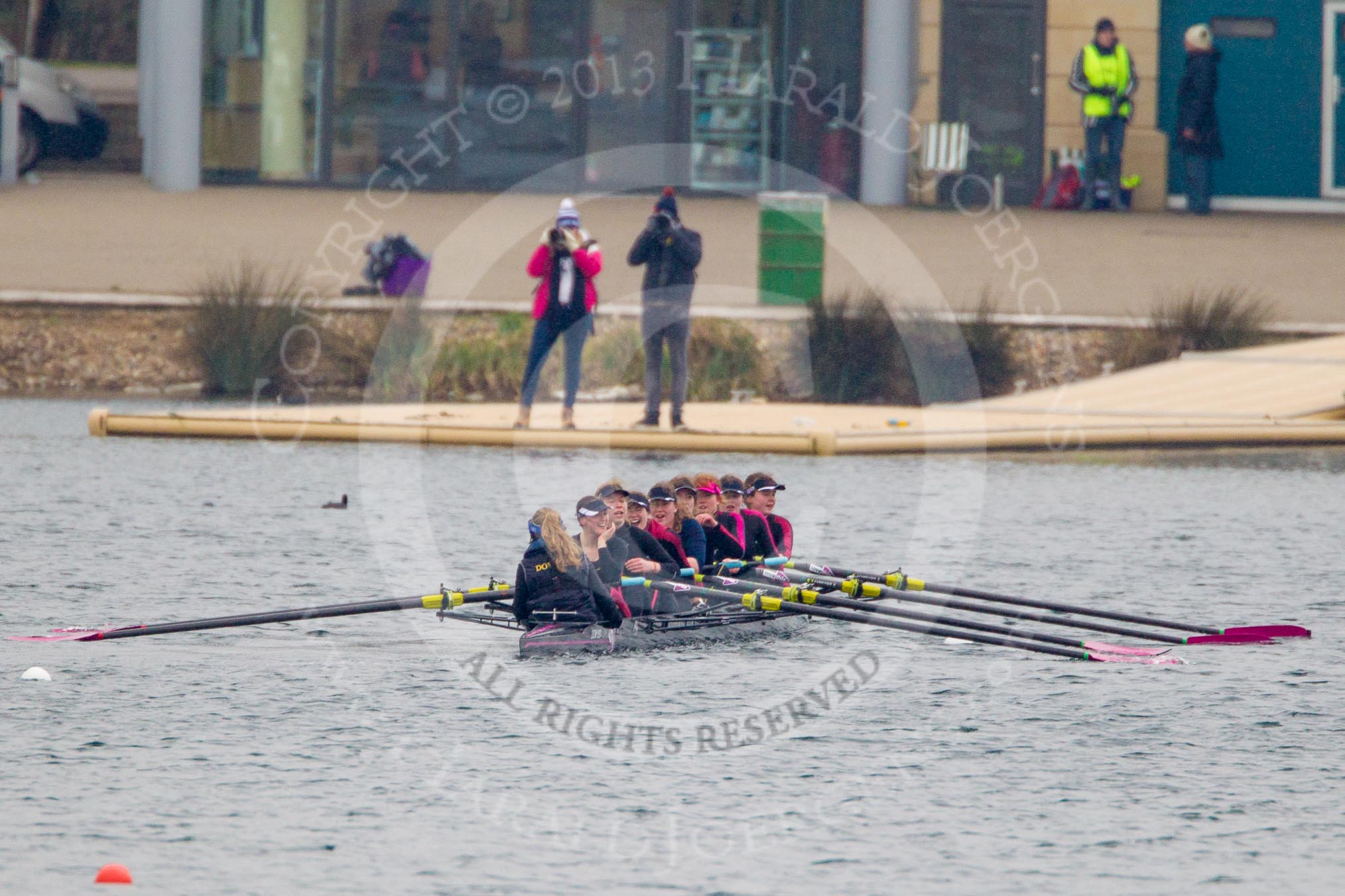 Intercollegiate Women's Race 2013: Downing College, Cambridge, with cox Ruth Wood, stroke Jennifer Joule, 7 Laura-Jane Taylor, 6 Abi Dunn, 5 Josie Hughes, 4 Bridey Addison-Child, 3 Zara Goozee, 2 Philippa Buckley and Katia Smith at bow.