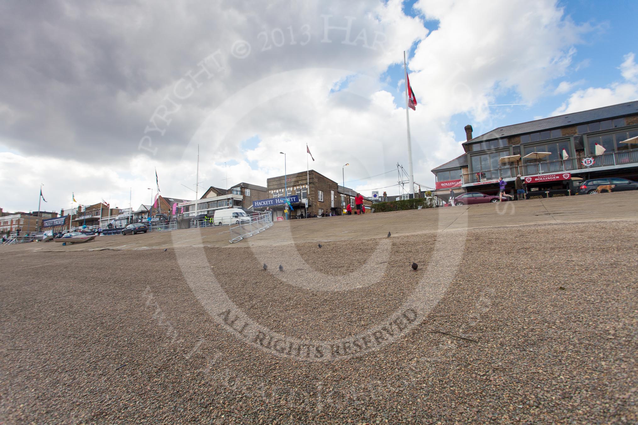 The Boat Race 2013: Boathouses and slipway at Putney Embankment, with the River Thames at low tide (7 hours later the tide will be at street level)..
Putney,
London SW15,

United Kingdom,
on 31 March 2013 at 11:04, image #2