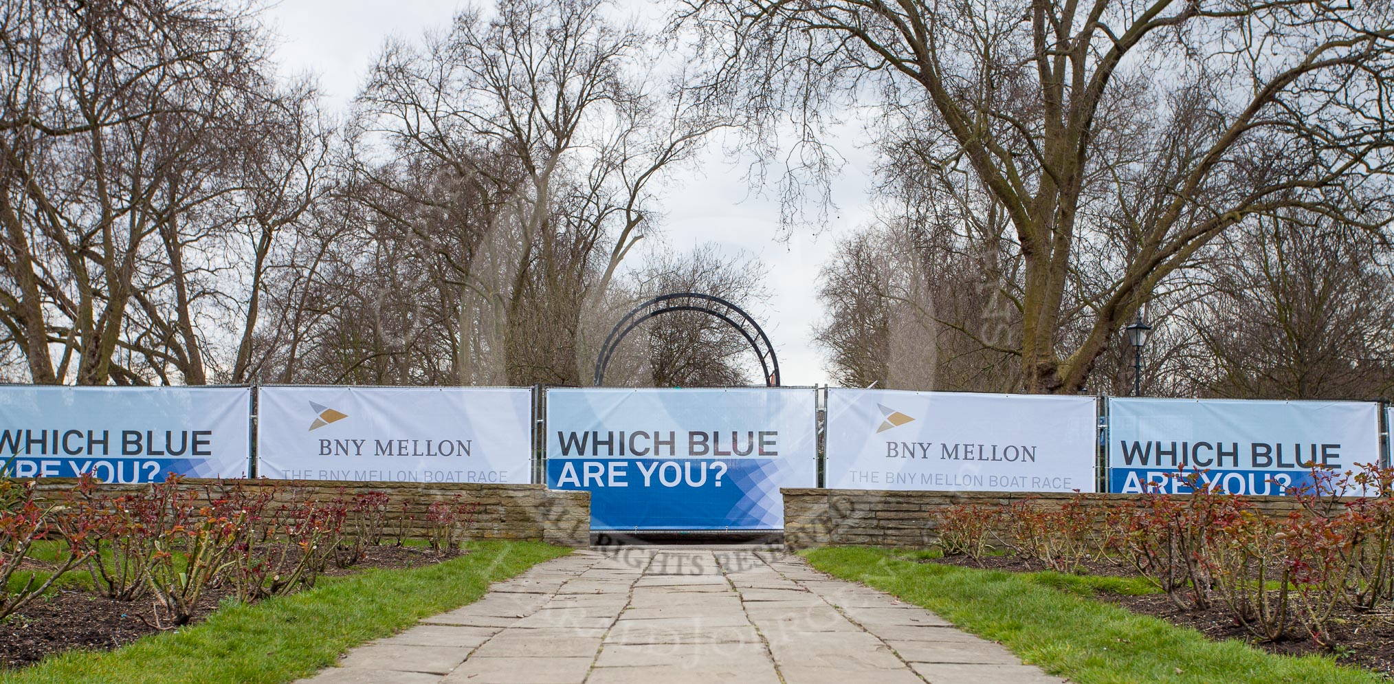 The Boat Race 2013: "Which Blue are you"-billboard by Boat Race sponsor BNY Mellon at Fulham Palace Gardens, hours before the start of the 2013 Boat Race..
Putney,
London SW15,

United Kingdom,
on 31 March 2013 at 11:44, image #32