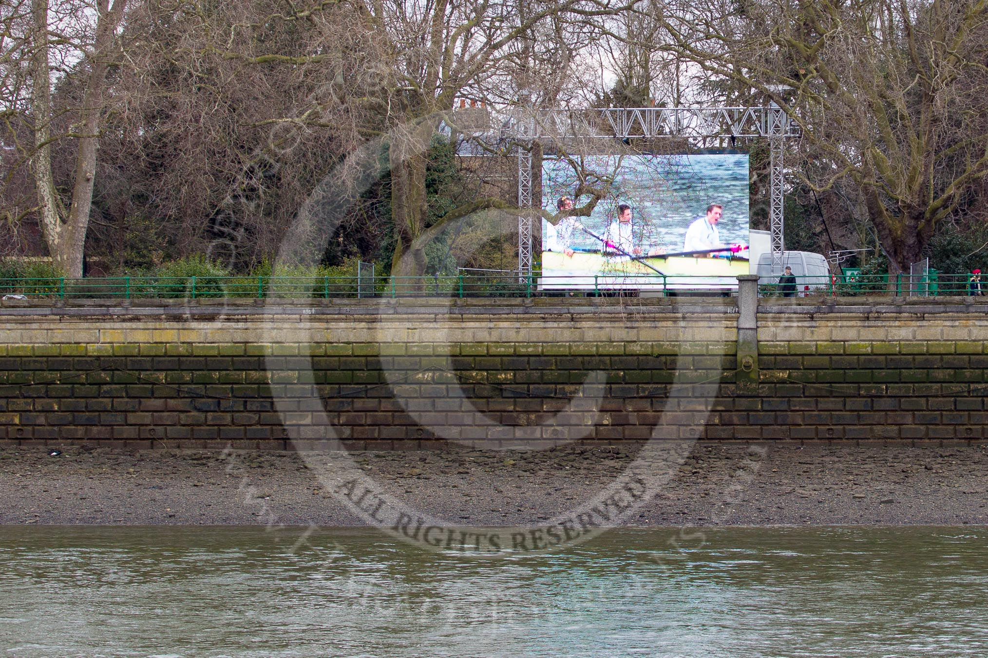 The Boat Race 2013: A large television screen on the norther (Fulham) side of the River Thames, hours before the start of the 2013 Boat Race...
Putney,
London SW15,

United Kingdom,
on 31 March 2013 at 12:04, image #40