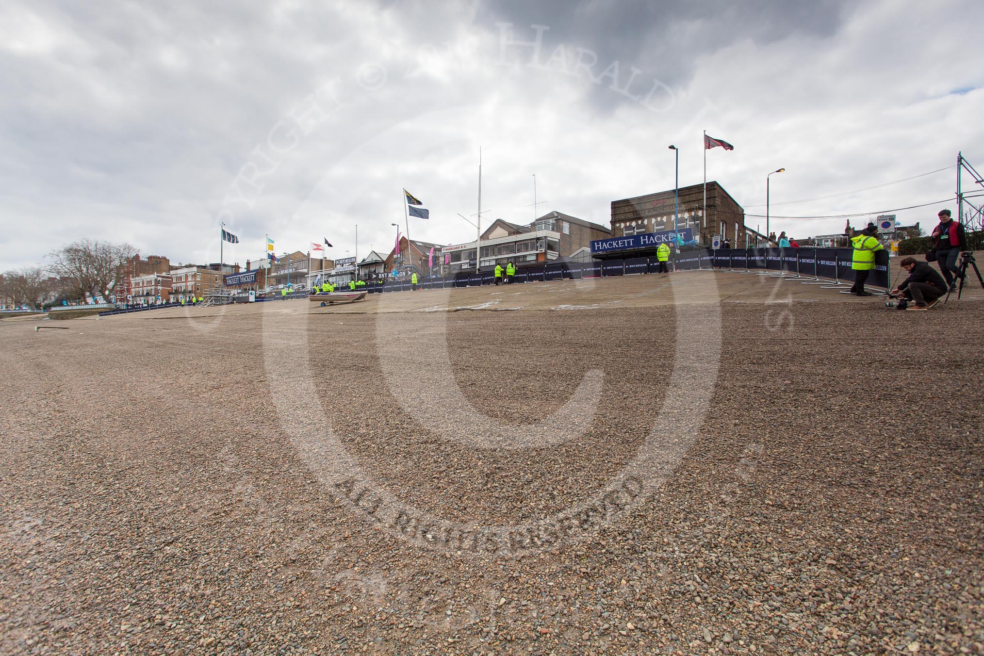 The Boat Race 2013: Preparations for the 2013 Boat Race, seen from Thames level with the river at low tide..
Putney,
London SW15,

United Kingdom,
on 31 March 2013 at 13:01, image #58