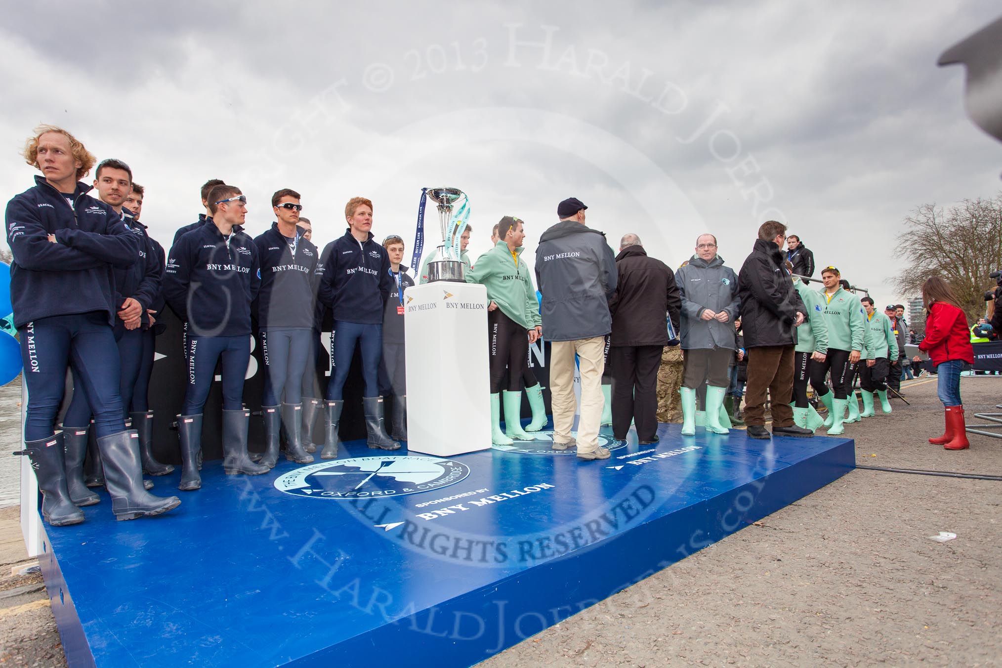 The Boat Race 2013: The Isis/Goldie toss for stations for the 2013 Boat Race, on the left the Oxford crew, on the right Cambridge..
Putney,
London SW15,

United Kingdom,
on 31 March 2013 at 14:34, image #82