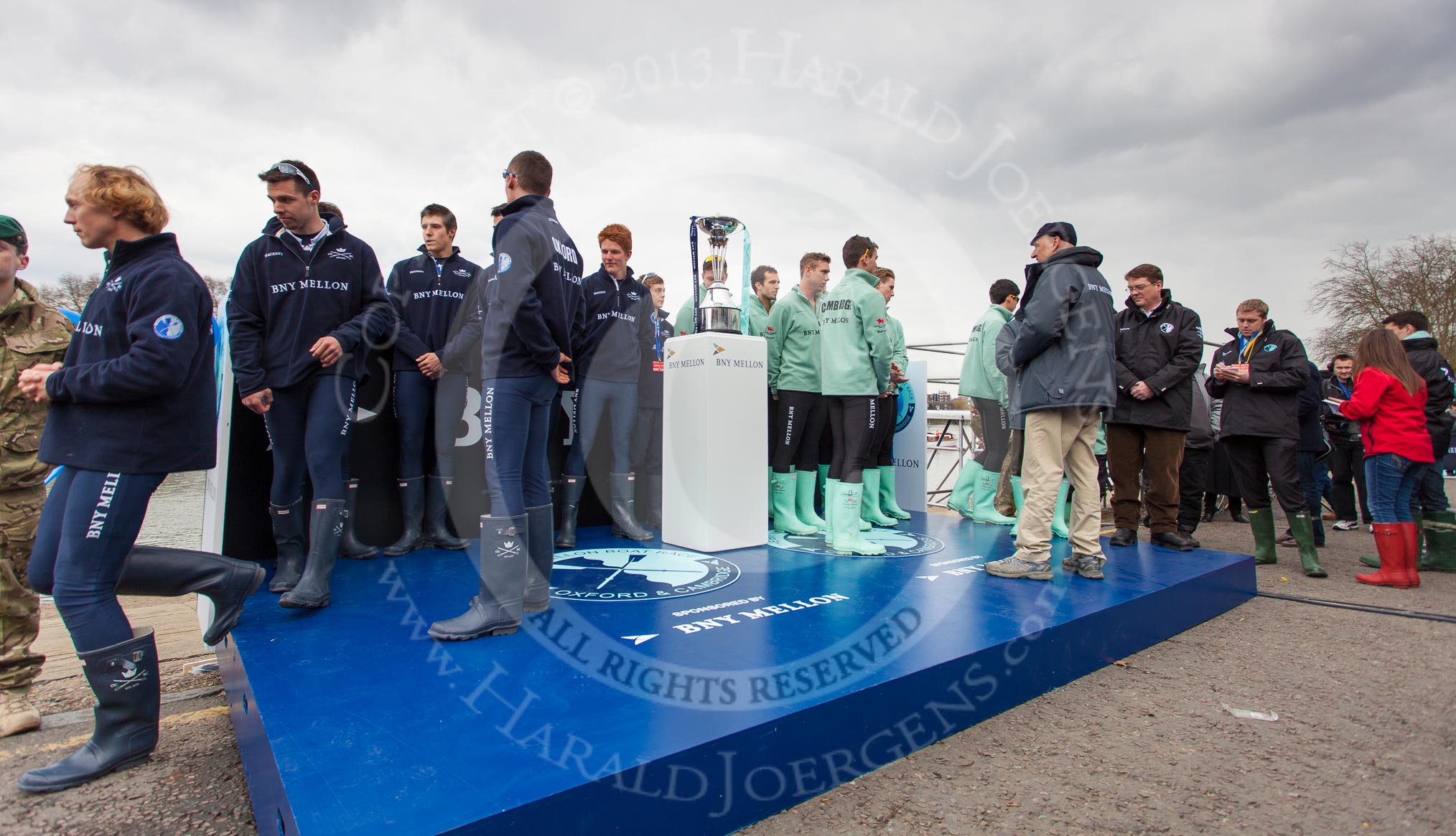 The Boat Race 2013: After the Isis/Goldie toss for stations for the 2013 Boat Race, on the left the Oxford crew, on the right Cambridge..
Putney,
London SW15,

United Kingdom,
on 31 March 2013 at 14:35, image #85