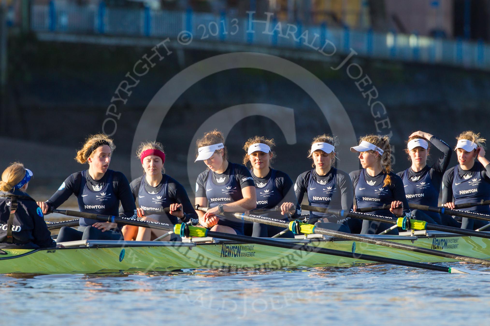 The Boat Race season 2014 - Women's Trial VIIIs (OUWBC, Oxford): Boudicca: Cox Erin Wysocki-Jones, Stroke Anastasia Chitty, 7 Maxie Scheske, 6 Lauren Kedar, 5 Nadine Graedel Iberg, 4 Hannah Roberts, 3 Clare Jamison, 2 Dora Amos, Bow Merel Lefferts..
River Thames between Putney Bridge and Mortlake,
London SW15,

United Kingdom,
on 19 December 2013 at 12:39, image #49