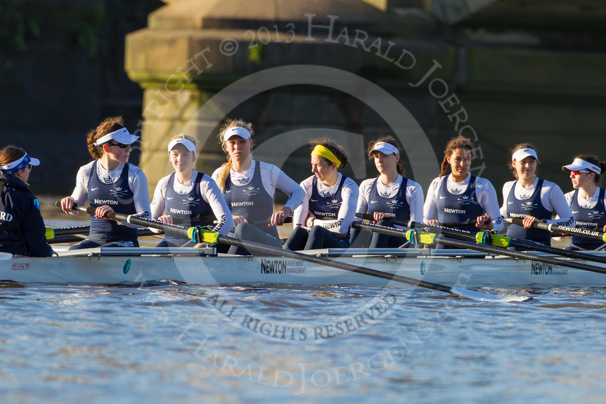 The Boat Race season 2014 - Women's Trial VIIIs (OUWBC, Oxford): Cleopatra: Cox Olivia Cleary, Stroke Laura Savarese, 7 Amber de Vere, 6 Elo Luik, 5 Harriet Keane, 4 Hannah Ledbury, 3 Isabelle Evans, 2 Chloe Farrar., Bow Elizabeth Fenje..
River Thames between Putney Bridge and Mortlake,
London SW15,

United Kingdom,
on 19 December 2013 at 12:39, image #50