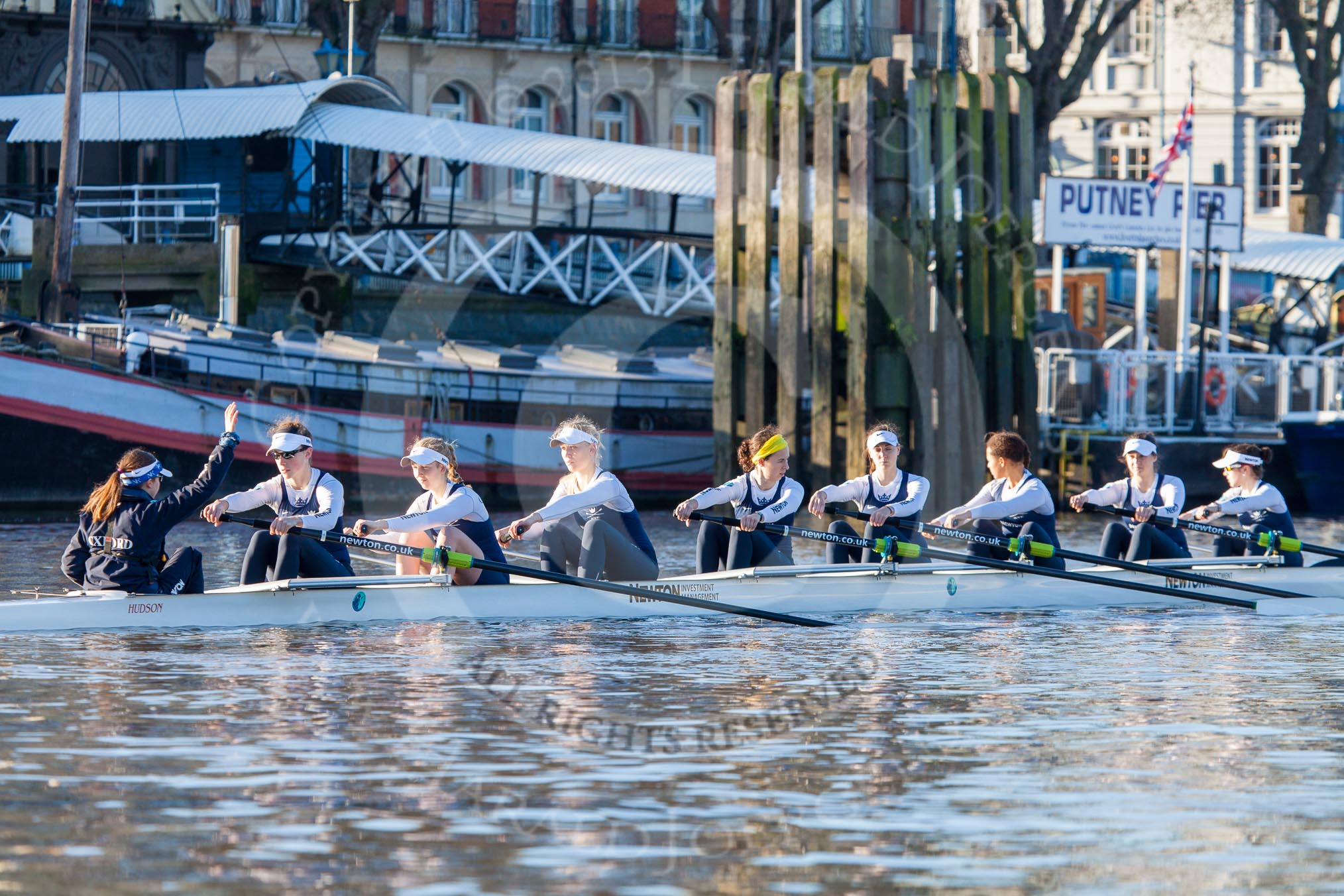 The Boat Race season 2014 - Women's Trial VIIIs (OUWBC, Oxford): Cleopatra: Cox Olivia Cleary, Stroke Laura Savarese, 7 Amber de Vere, 6 Elo Luik, 5 Harriet Keane, 4 Hannah Ledbury, 3 Isabelle Evans, 2 Chloe Farrar., Bow Elizabeth Fenje..
River Thames between Putney Bridge and Mortlake,
London SW15,

United Kingdom,
on 19 December 2013 at 12:41, image #54