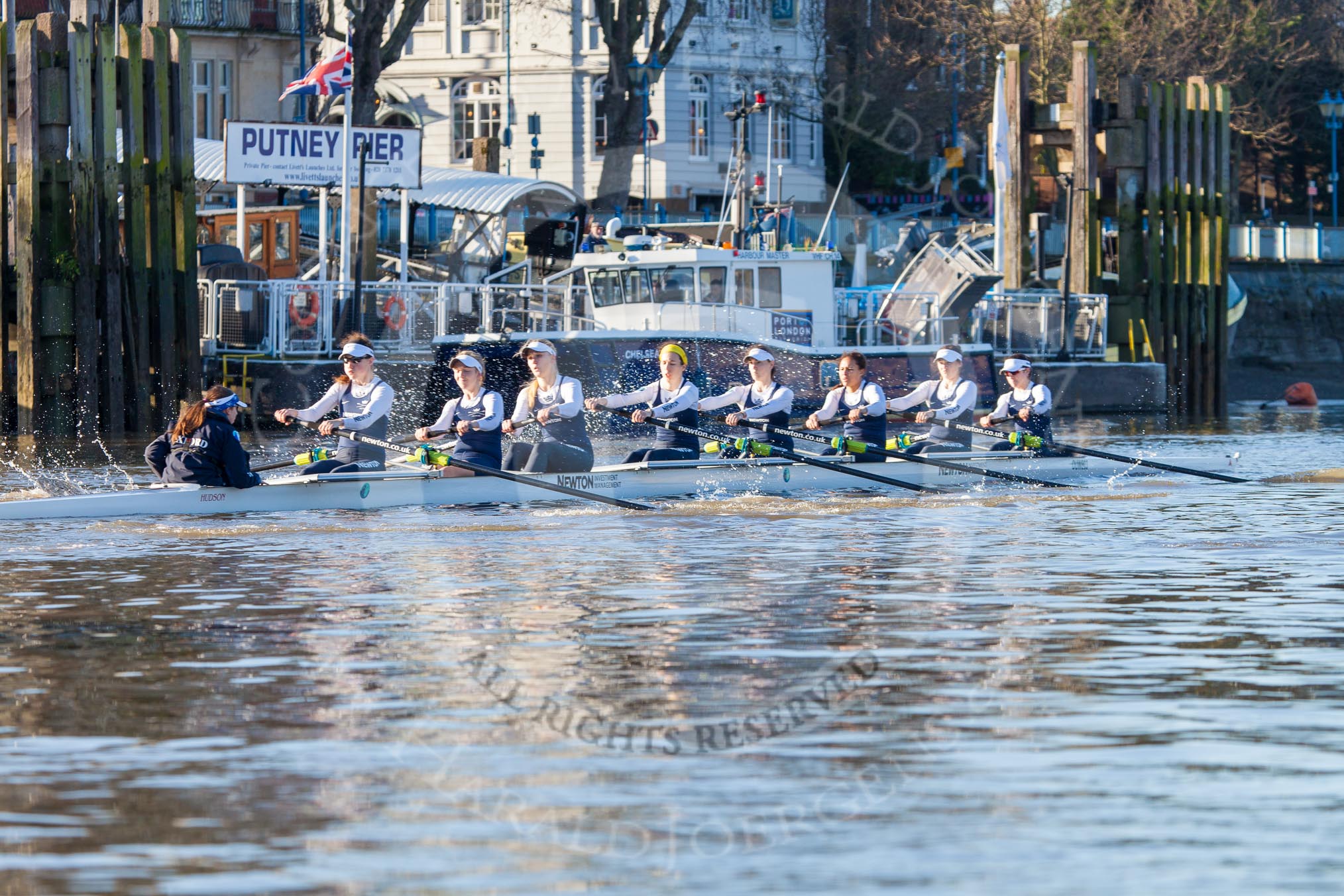 The Boat Race season 2014 - Women's Trial VIIIs (OUWBC, Oxford): Cleopatra: Cox Olivia Cleary, Stroke Laura Savarese, 7 Amber de Vere, 6 Elo Luik, 5 Harriet Keane, 4 Hannah Ledbury, 3 Isabelle Evans, 2 Chloe Farrar., Bow Elizabeth Fenje..
River Thames between Putney Bridge and Mortlake,
London SW15,

United Kingdom,
on 19 December 2013 at 12:41, image #56