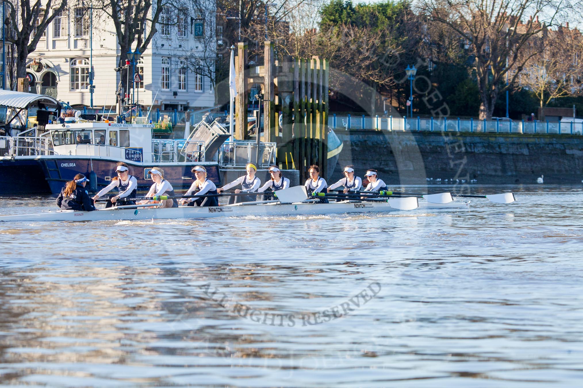 The Boat Race season 2014 - Women's Trial VIIIs (OUWBC, Oxford): Cleopatra: Cox Olivia Cleary, Stroke Laura Savarese, 7 Amber de Vere, 6 Elo Luik, 5 Harriet Keane, 4 Hannah Ledbury, 3 Isabelle Evans, 2 Chloe Farrar., Bow Elizabeth Fenje..
River Thames between Putney Bridge and Mortlake,
London SW15,

United Kingdom,
on 19 December 2013 at 12:41, image #57