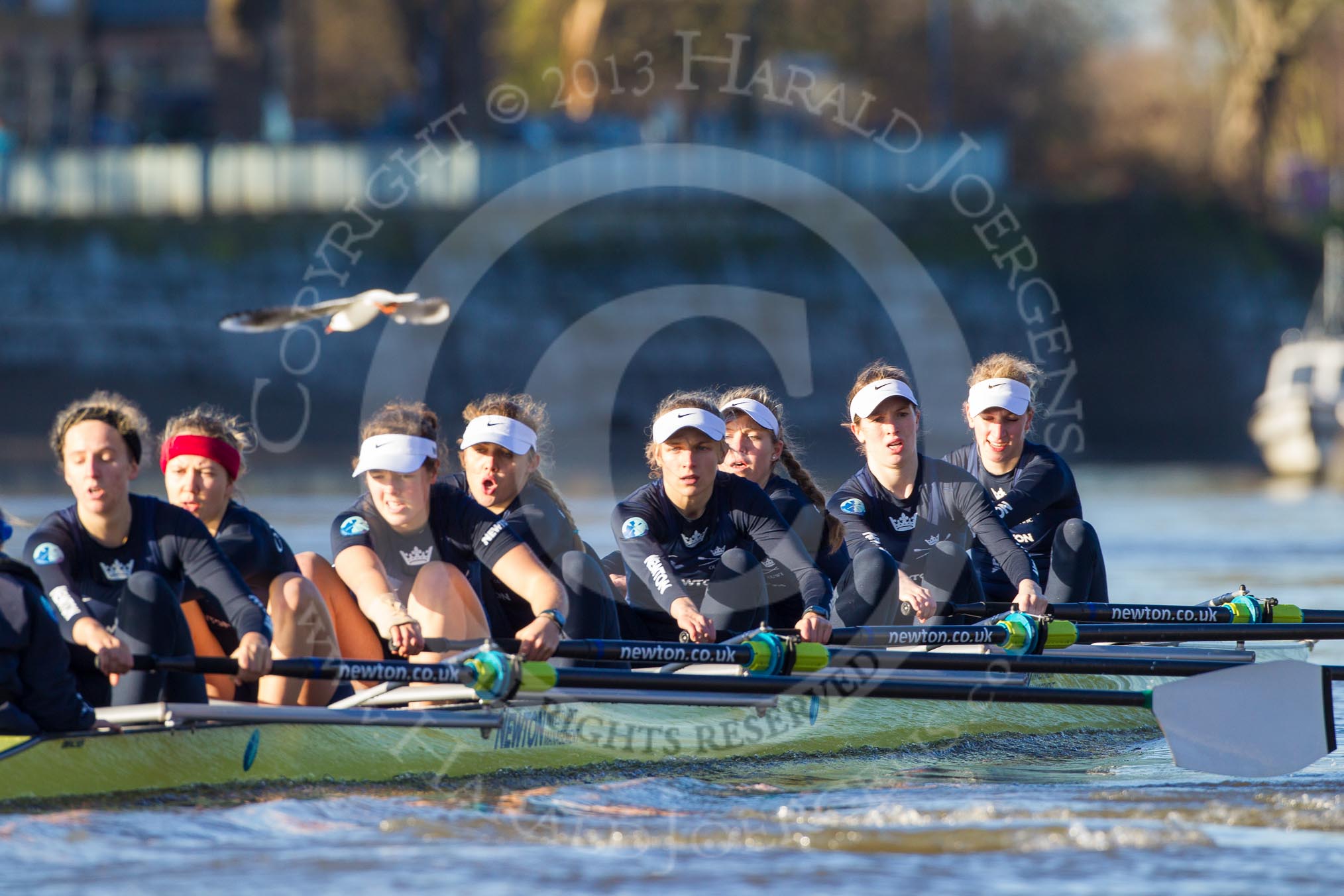 The Boat Race season 2014 - Women's Trial VIIIs (OUWBC, Oxford): Boudicca: Stroke Anastasia Chitty, 7 Maxie Scheske, 6 Lauren Kedar, 5 Nadine Graedel Iberg, 4 Hannah Roberts, 3 Clare Jamison, 2 Dora Amos, Bow Merel Lefferts..
River Thames between Putney Bridge and Mortlake,
London SW15,

United Kingdom,
on 19 December 2013 at 12:43, image #66