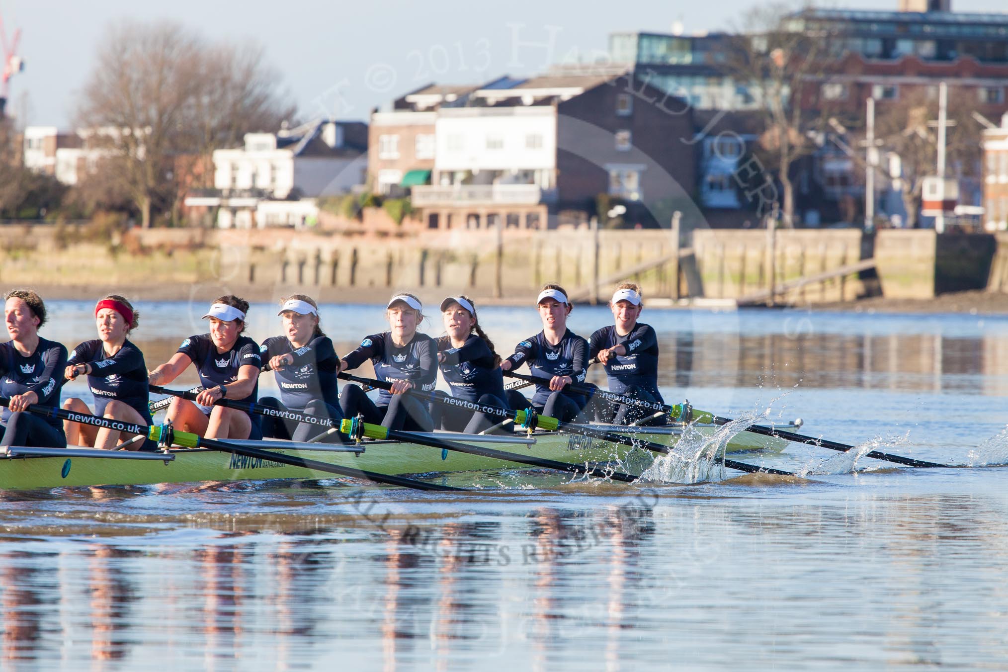 The Boat Race season 2014 - Women's Trial VIIIs (OUWBC, Oxford): Boudicca:  Stroke Anastasia Chitty, 7 Maxie Scheske, 6 Lauren Kedar, 5 Nadine Graedel Iberg, 4 Hannah Roberts, 3 Clare Jamison, 2 Dora Amos, Bow Merel Lefferts..
River Thames between Putney Bridge and Mortlake,
London SW15,

United Kingdom,
on 19 December 2013 at 12:50, image #129