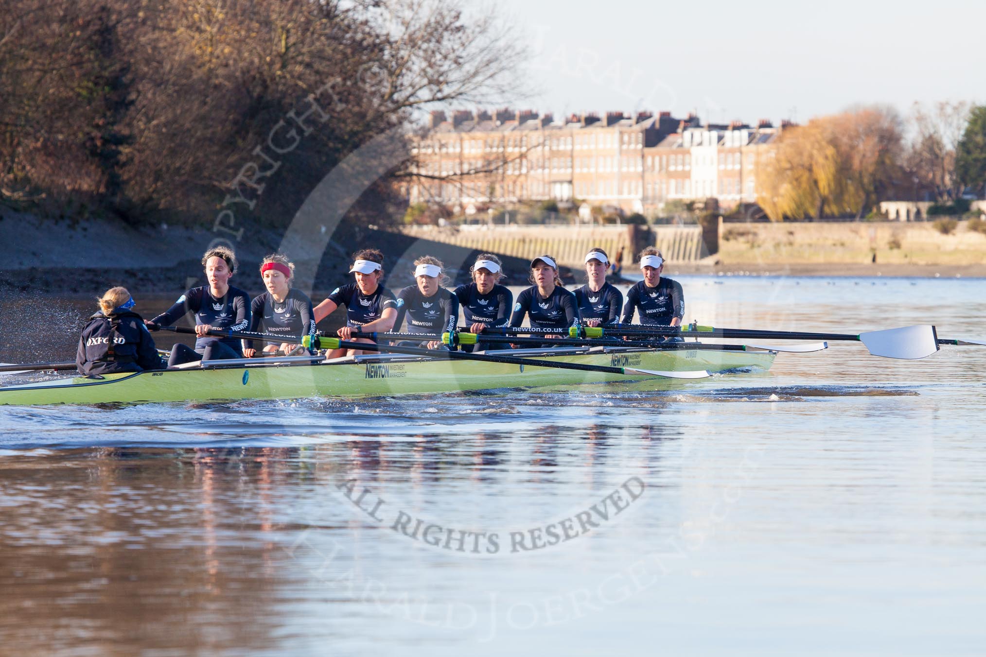 The Boat Race season 2014 - Women's Trial VIIIs (OUWBC, Oxford): Boudicca: Cox Erin Wysocki-Jones, Stroke Anastasia Chitty, 7 Maxie Scheske, 6 Lauren Kedar, 5 Nadine Graedel Iberg, 4 Hannah Roberts, 3 Clare Jamison, 2 Dora Amos, Bow Merel Lefferts..
River Thames between Putney Bridge and Mortlake,
London SW15,

United Kingdom,
on 19 December 2013 at 12:50, image #131