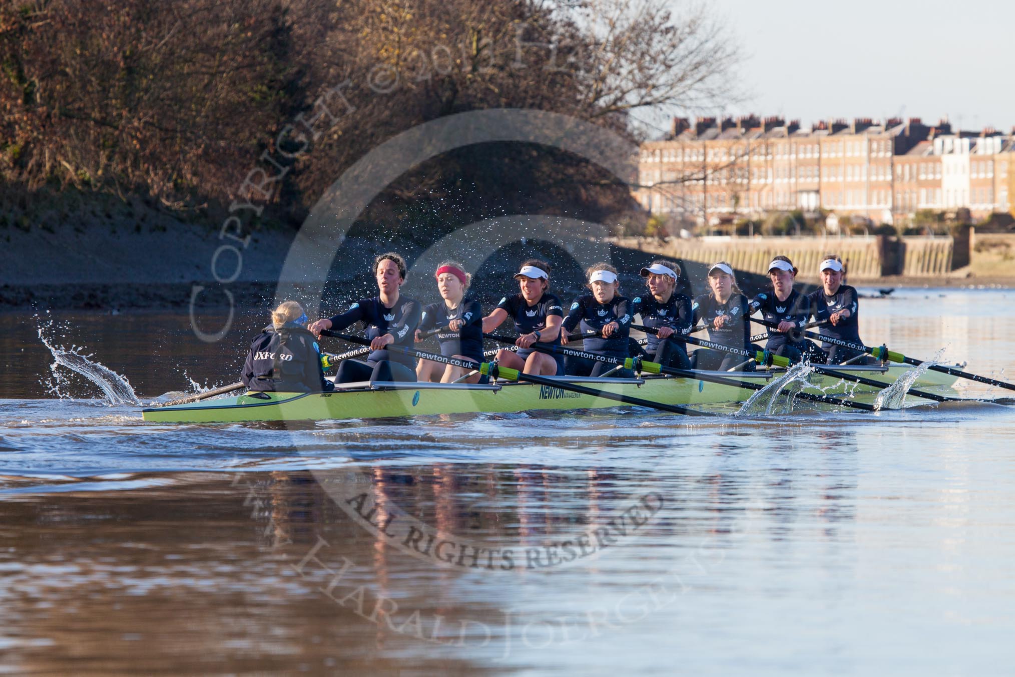 The Boat Race season 2014 - Women's Trial VIIIs (OUWBC, Oxford): Boudicca: Cox Erin Wysocki-Jones, Stroke Anastasia Chitty, 7 Maxie Scheske, 6 Lauren Kedar, 5 Nadine Graedel Iberg, 4 Hannah Roberts, 3 Clare Jamison, 2 Dora Amos, Bow Merel Lefferts..
River Thames between Putney Bridge and Mortlake,
London SW15,

United Kingdom,
on 19 December 2013 at 12:50, image #132