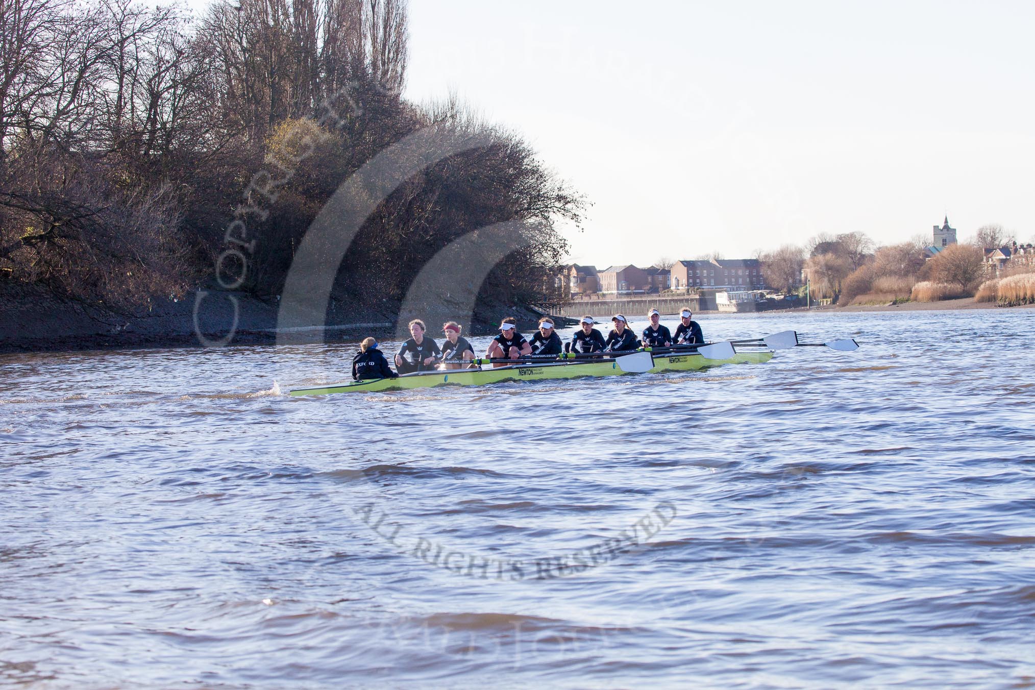 The Boat Race season 2014 - Women's Trial VIIIs (OUWBC, Oxford): Boudicca: Cox Erin Wysocki-Jones, Stroke Anastasia Chitty, 7 Maxie Scheske, 6 Lauren Kedar, 5 Nadine Graedel Iberg, 4 Hannah Roberts, 3 Clare Jamison, 2 Dora Amos, Bow Merel Lefferts..
River Thames between Putney Bridge and Mortlake,
London SW15,

United Kingdom,
on 19 December 2013 at 12:52, image #137