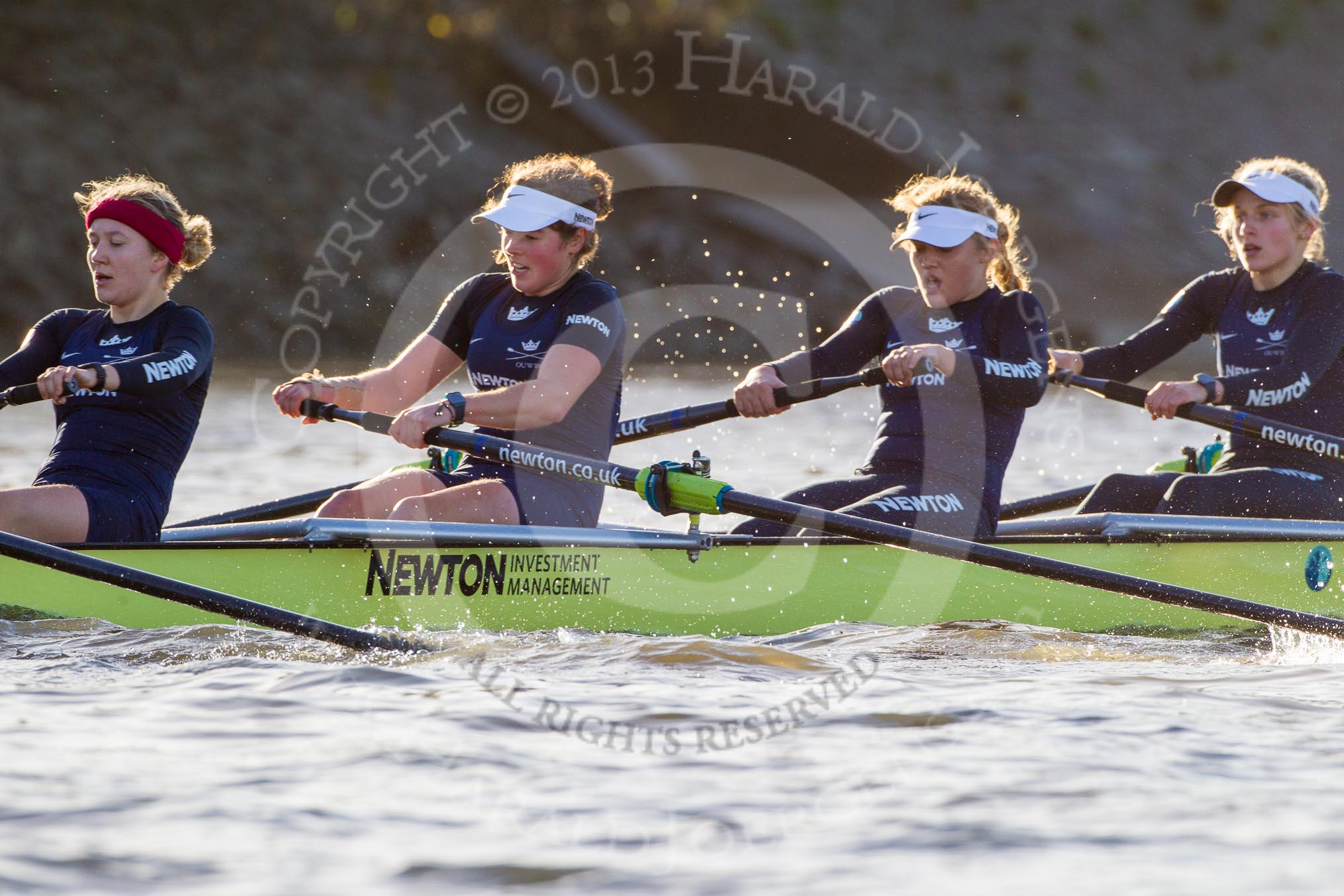 The Boat Race season 2014 - Women's Trial VIIIs (OUWBC, Oxford): Boudicca:  7 Maxie Scheske, 6 Lauren Kedar, 5 Nadine Graedel Iberg, 4 Hannah Roberts..
River Thames between Putney Bridge and Mortlake,
London SW15,

United Kingdom,
on 19 December 2013 at 12:52, image #139