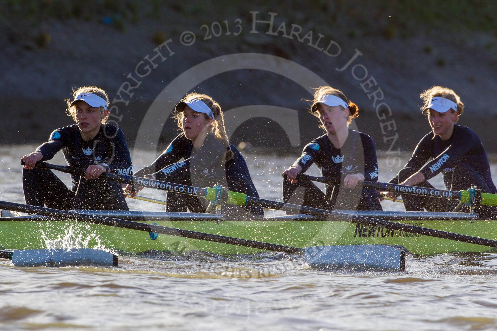 The Boat Race season 2014 - Women's Trial VIIIs (OUWBC, Oxford): Boudicca:  4 Hannah Roberts, 3 Clare Jamison, 2 Dora Amos, Bow Merel Lefferts..
River Thames between Putney Bridge and Mortlake,
London SW15,

United Kingdom,
on 19 December 2013 at 12:52, image #143