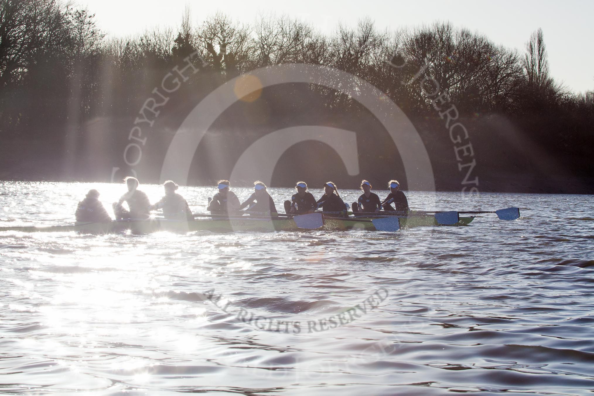 The Boat Race season 2014 - Women's Trial VIIIs (OUWBC, Oxford): Boudicca: Cox Erin Wysocki-Jones, Stroke Anastasia Chitty, 7 Maxie Scheske, 6 Lauren Kedar, 5 Nadine Graedel Iberg, 4 Hannah Roberts, 3 Clare Jamison, 2 Dora Amos, Bow Merel Lefferts..
River Thames between Putney Bridge and Mortlake,
London SW15,

United Kingdom,
on 19 December 2013 at 12:54, image #148