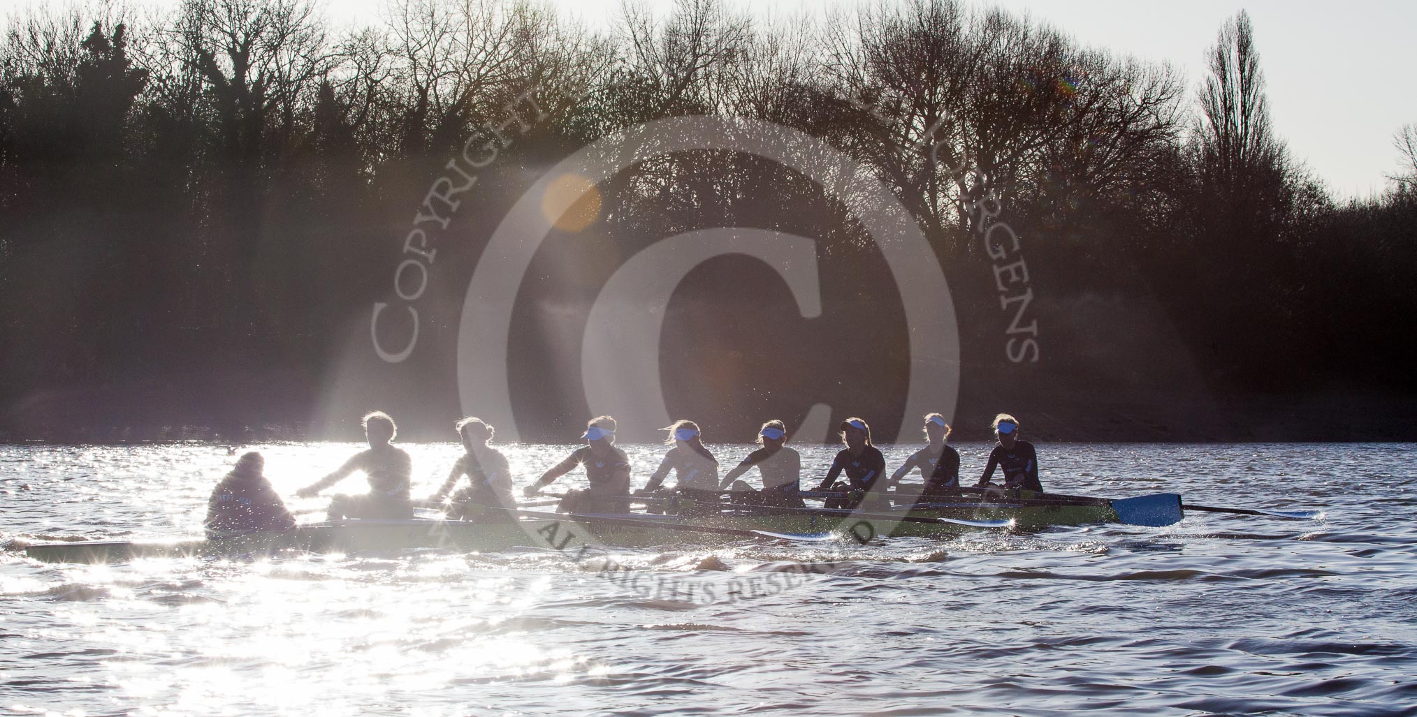 The Boat Race season 2014 - Women's Trial VIIIs (OUWBC, Oxford): Boudicca: Cox Erin Wysocki-Jones, Stroke Anastasia Chitty, 7 Maxie Scheske, 6 Lauren Kedar, 5 Nadine Graedel Iberg, 4 Hannah Roberts, 3 Clare Jamison, 2 Dora Amos, Bow Merel Lefferts..
River Thames between Putney Bridge and Mortlake,
London SW15,

United Kingdom,
on 19 December 2013 at 12:54, image #150