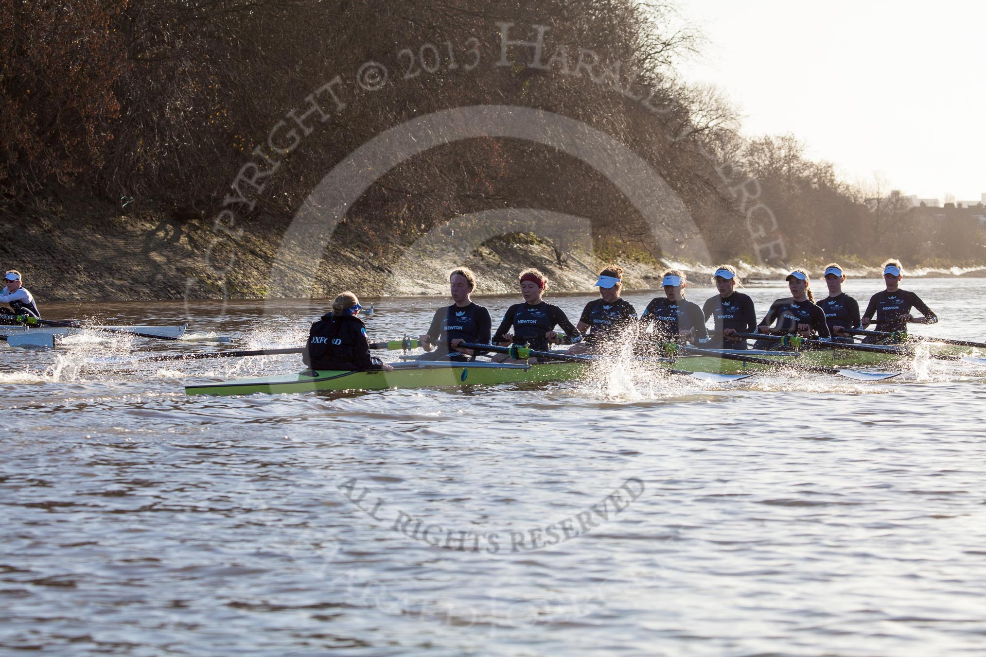 The Boat Race season 2014 - Women's Trial VIIIs (OUWBC, Oxford): Boudicca: Cox Erin Wysocki-Jones, Stroke Anastasia Chitty, 7 Maxie Scheske, 6 Lauren Kedar, 5 Nadine Graedel Iberg, 4 Hannah Roberts, 3 Clare Jamison, 2 Dora Amos, Bow Merel Lefferts..
River Thames between Putney Bridge and Mortlake,
London SW15,

United Kingdom,
on 19 December 2013 at 12:56, image #162