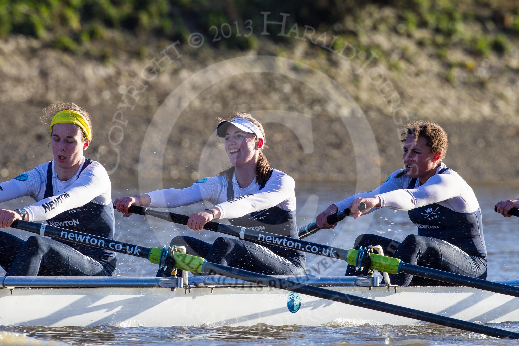 The Boat Race season 2014 - Women's Trial VIIIs (OUWBC, Oxford): Cleopatra: 5 Harriet Keane, 4 Hannah Ledbury, 3 Isabelle Evans..
River Thames between Putney Bridge and Mortlake,
London SW15,

United Kingdom,
on 19 December 2013 at 12:57, image #177