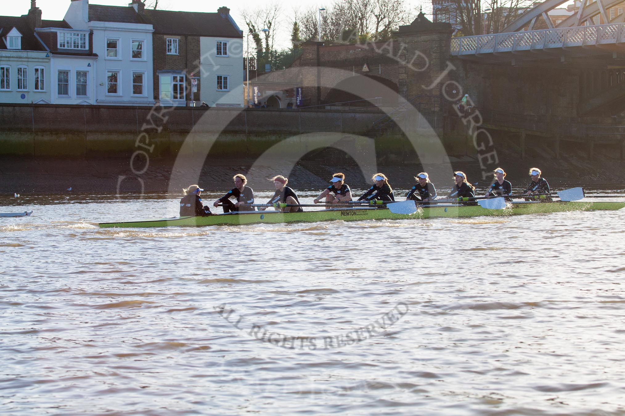 The Boat Race season 2014 - Women's Trial VIIIs (OUWBC, Oxford): Boudicca: Cox Erin Wysocki-Jones, Stroke Anastasia Chitty, 7 Maxie Scheske, 6 Lauren Kedar, 5 Nadine Graedel Iberg, 4 Hannah Roberts, 3 Clare Jamison, 2 Dora Amos, Bow Merel Lefferts..
River Thames between Putney Bridge and Mortlake,
London SW15,

United Kingdom,
on 19 December 2013 at 13:00, image #202