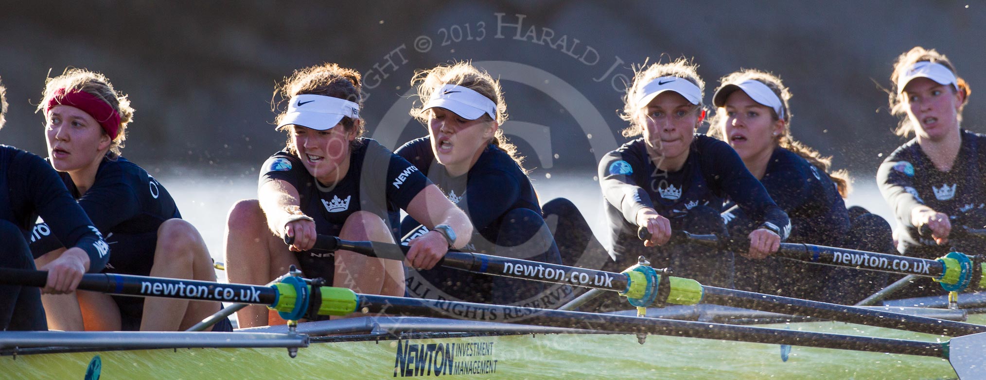 The Boat Race season 2014 - Women's Trial VIIIs (OUWBC, Oxford): Boudicca:  7 Maxie Scheske, 6 Lauren Kedar, 5 Nadine Graedel Iberg, 4 Hannah Roberts, 3 Clare Jamison, 2 Dora Amos..
River Thames between Putney Bridge and Mortlake,
London SW15,

United Kingdom,
on 19 December 2013 at 13:01, image #206