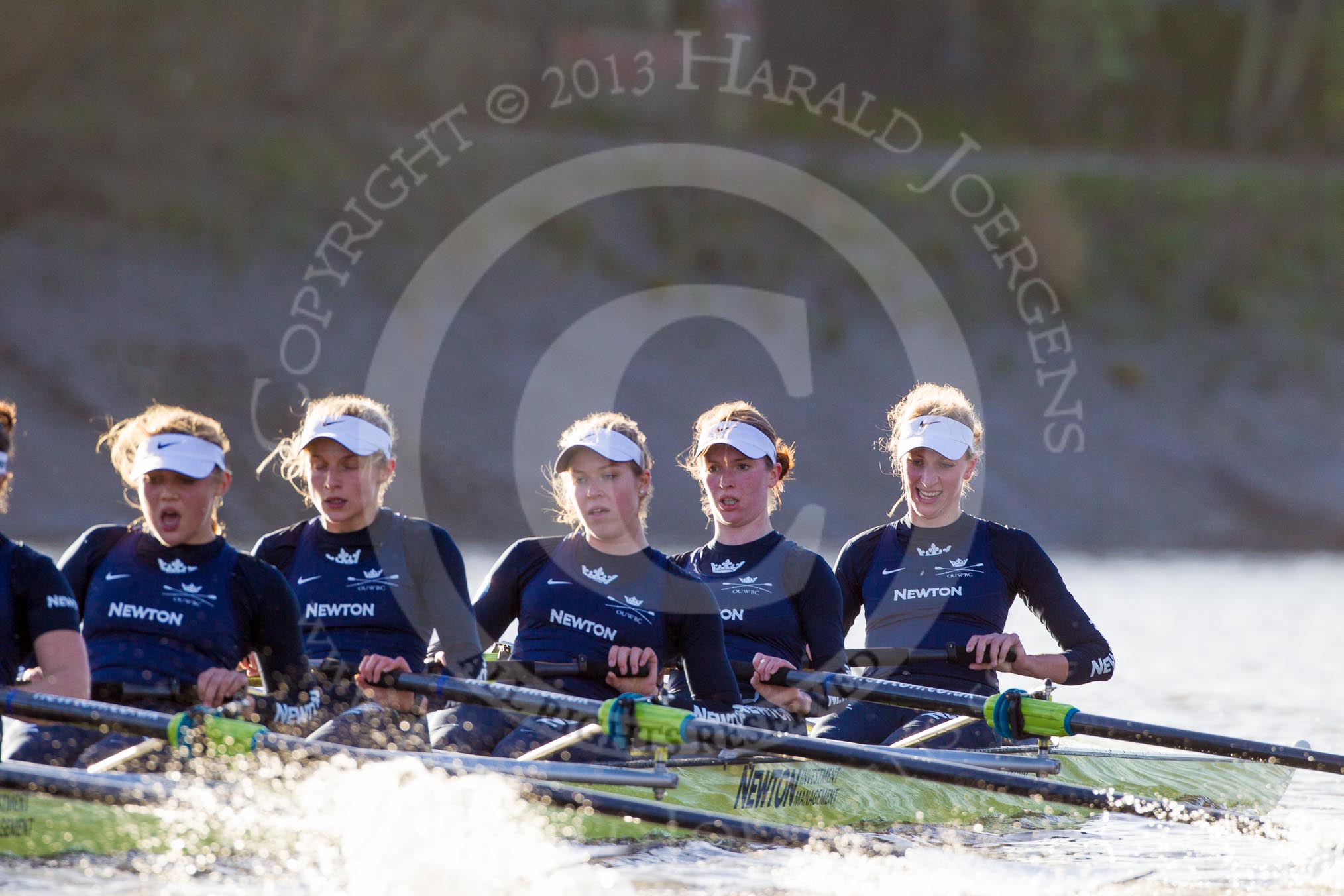 The Boat Race season 2014 - Women's Trial VIIIs (OUWBC, Oxford): Boudicca:  5 Nadine Graedel Iberg, 4 Hannah Roberts, 3 Clare Jamison, 2 Dora Amos, Bow Merel Lefferts..
River Thames between Putney Bridge and Mortlake,
London SW15,

United Kingdom,
on 19 December 2013 at 13:01, image #207