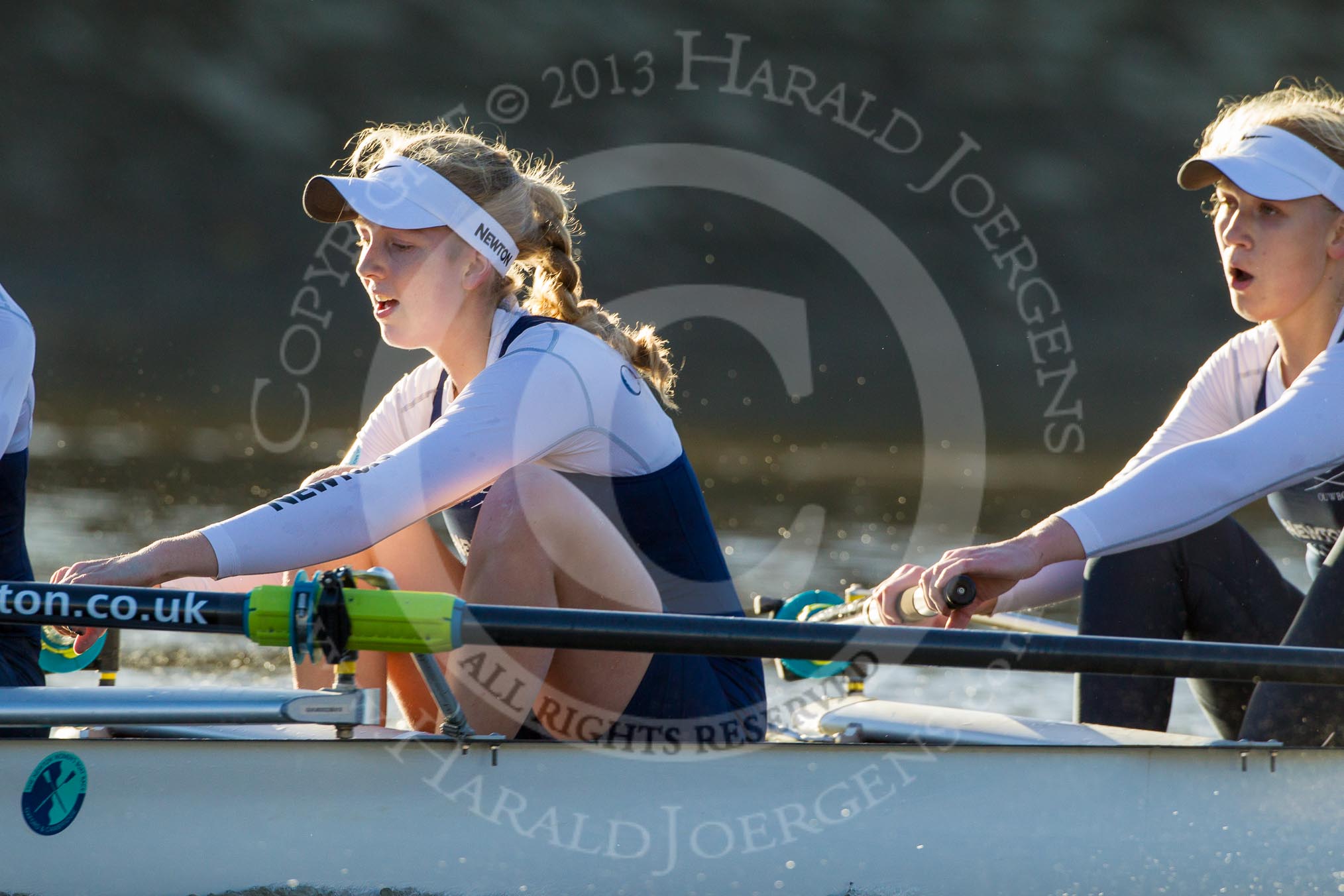 The Boat Race season 2014 - Women's Trial VIIIs (OUWBC, Oxford): Cleopatra: 7 Amber de Vere, 6 Elo Luik..
River Thames between Putney Bridge and Mortlake,
London SW15,

United Kingdom,
on 19 December 2013 at 13:02, image #219