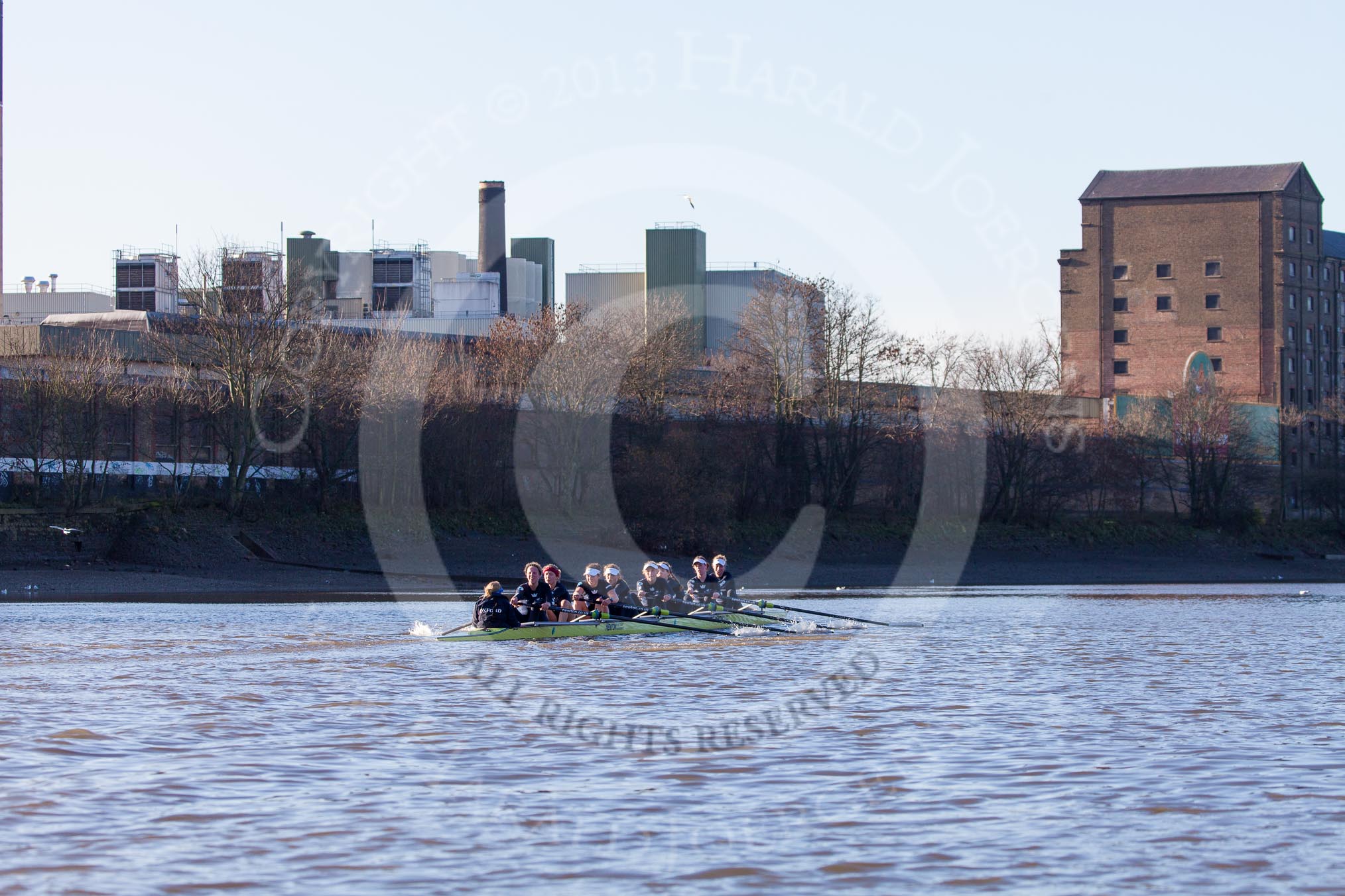 The Boat Race season 2014 - Women's Trial VIIIs (OUWBC, Oxford): Boudicca: Cox Erin Wysocki-Jones, Stroke Anastasia Chitty, 7 Maxie Scheske, 6 Lauren Kedar, 5 Nadine Graedel Iberg, 4 Hannah Roberts, 3 Clare Jamison, 2 Dora Amos, Bow Merel Lefferts..
River Thames between Putney Bridge and Mortlake,
London SW15,

United Kingdom,
on 19 December 2013 at 13:02, image #225