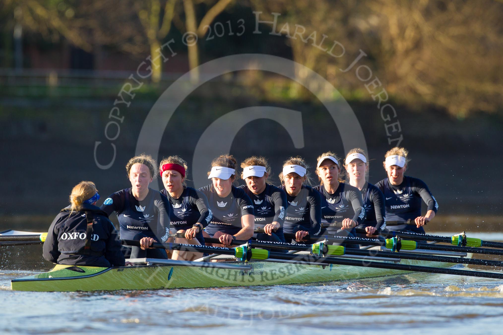 The Boat Race season 2014 - Women's Trial VIIIs (OUWBC, Oxford): Boudicca: Cox Erin Wysocki-Jones, Stroke Anastasia Chitty, 7 Maxie Scheske, 6 Lauren Kedar, 5 Nadine Graedel Iberg, 4 Hannah Roberts, 3 Clare Jamison, 2 Dora Amos, Bow Merel Lefferts..
River Thames between Putney Bridge and Mortlake,
London SW15,

United Kingdom,
on 19 December 2013 at 13:03, image #235