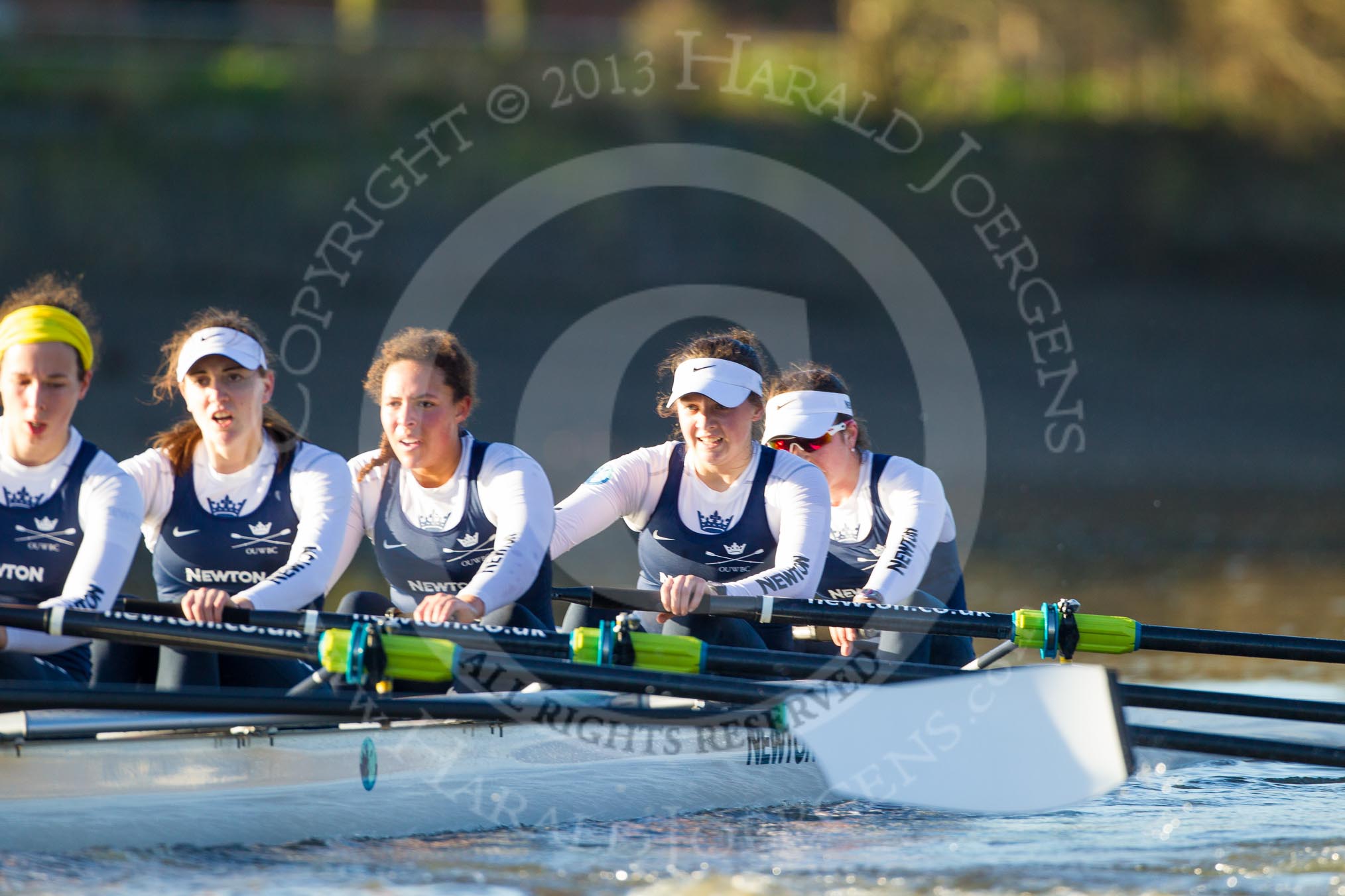 The Boat Race season 2014 - Women's Trial VIIIs (OUWBC, Oxford): Cleopatra:  5 Harriet Keane, 4 Hannah Ledbury, 3 Isabelle Evans, 2 Chloe Farrar, Bow Elizabeth Fenje..
River Thames between Putney Bridge and Mortlake,
London SW15,

United Kingdom,
on 19 December 2013 at 13:04, image #239