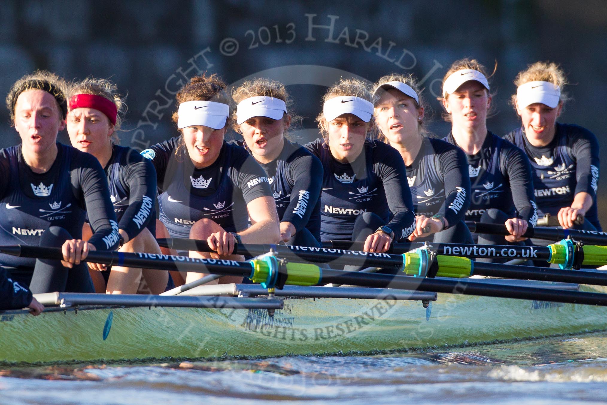 The Boat Race season 2014 - Women's Trial VIIIs (OUWBC, Oxford): Boudicca: Stroke Anastasia Chitty, 7 Maxie Scheske, 6 Lauren Kedar, 5 Nadine Graedel Iberg, 4 Hannah Roberts, 3 Clare Jamison, 2 Dora Amos, Bow Merel Lefferts..
River Thames between Putney Bridge and Mortlake,
London SW15,

United Kingdom,
on 19 December 2013 at 13:04, image #242