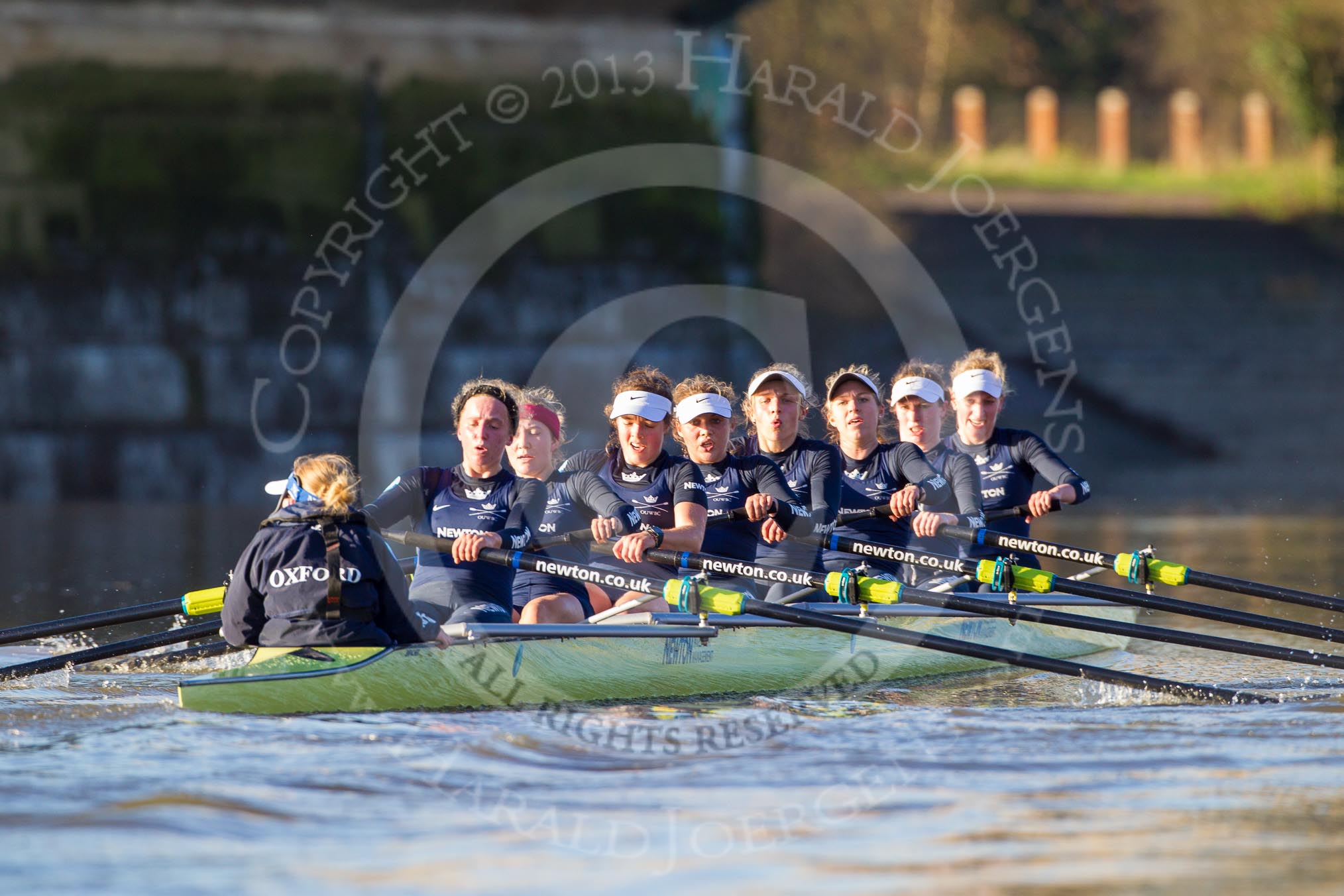 The Boat Race season 2014 - Women's Trial VIIIs (OUWBC, Oxford): Boudicca: Cox Erin Wysocki-Jones, Stroke Anastasia Chitty, 7 Maxie Scheske, 6 Lauren Kedar, 5 Nadine Graedel Iberg, 4 Hannah Roberts, 3 Clare Jamison, 2 Dora Amos, Bow Merel Lefferts..
River Thames between Putney Bridge and Mortlake,
London SW15,

United Kingdom,
on 19 December 2013 at 13:04, image #243