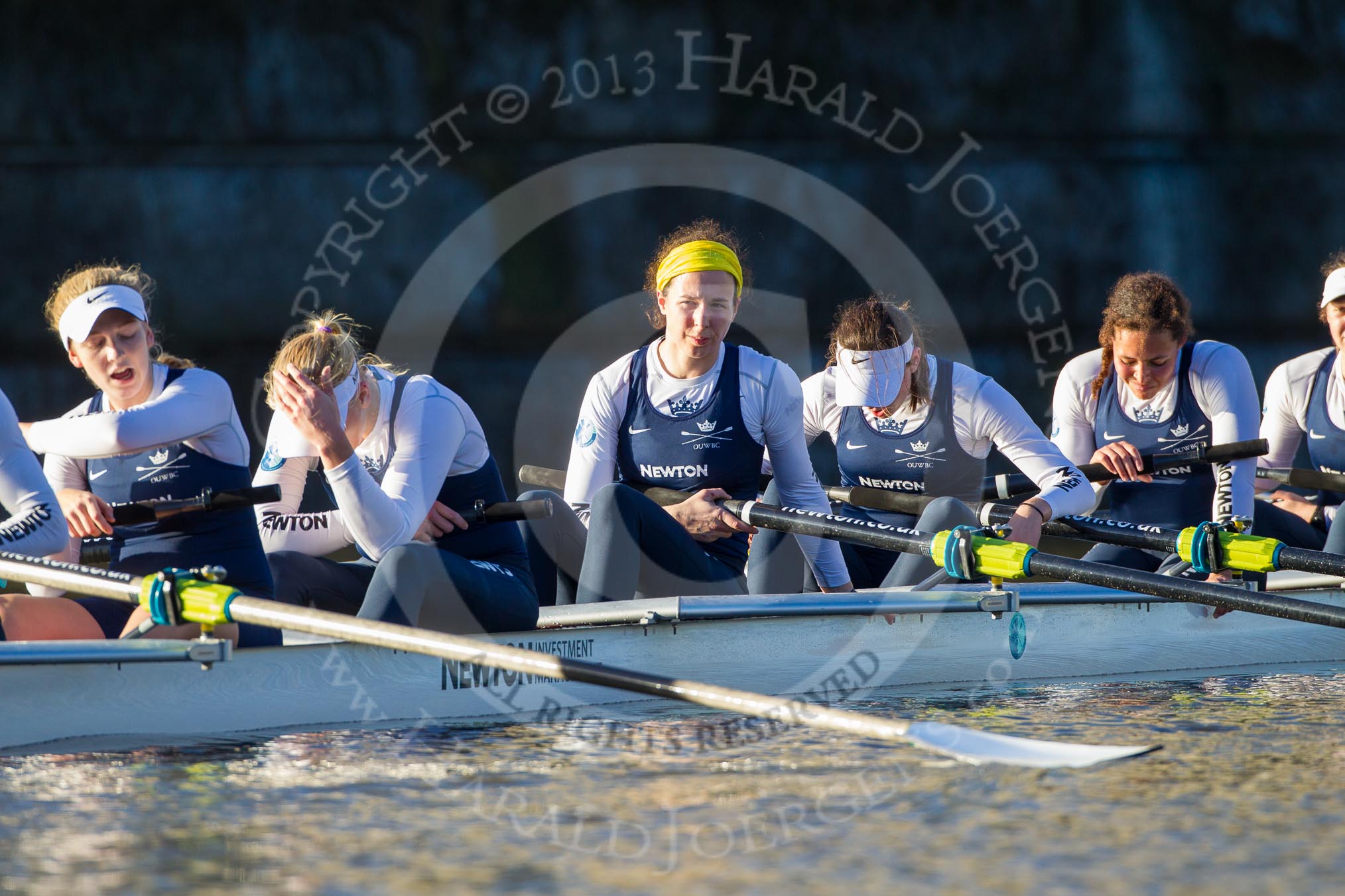 The Boat Race season 2014 - Women's Trial VIIIs (OUWBC, Oxford): Cleopatra: 7 Amber de Vere, 6 Elo Luik, 5 Harriet Keane, 4 Hannah Ledbury, 3 Isabelle Evans..
River Thames between Putney Bridge and Mortlake,
London SW15,

United Kingdom,
on 19 December 2013 at 13:05, image #248