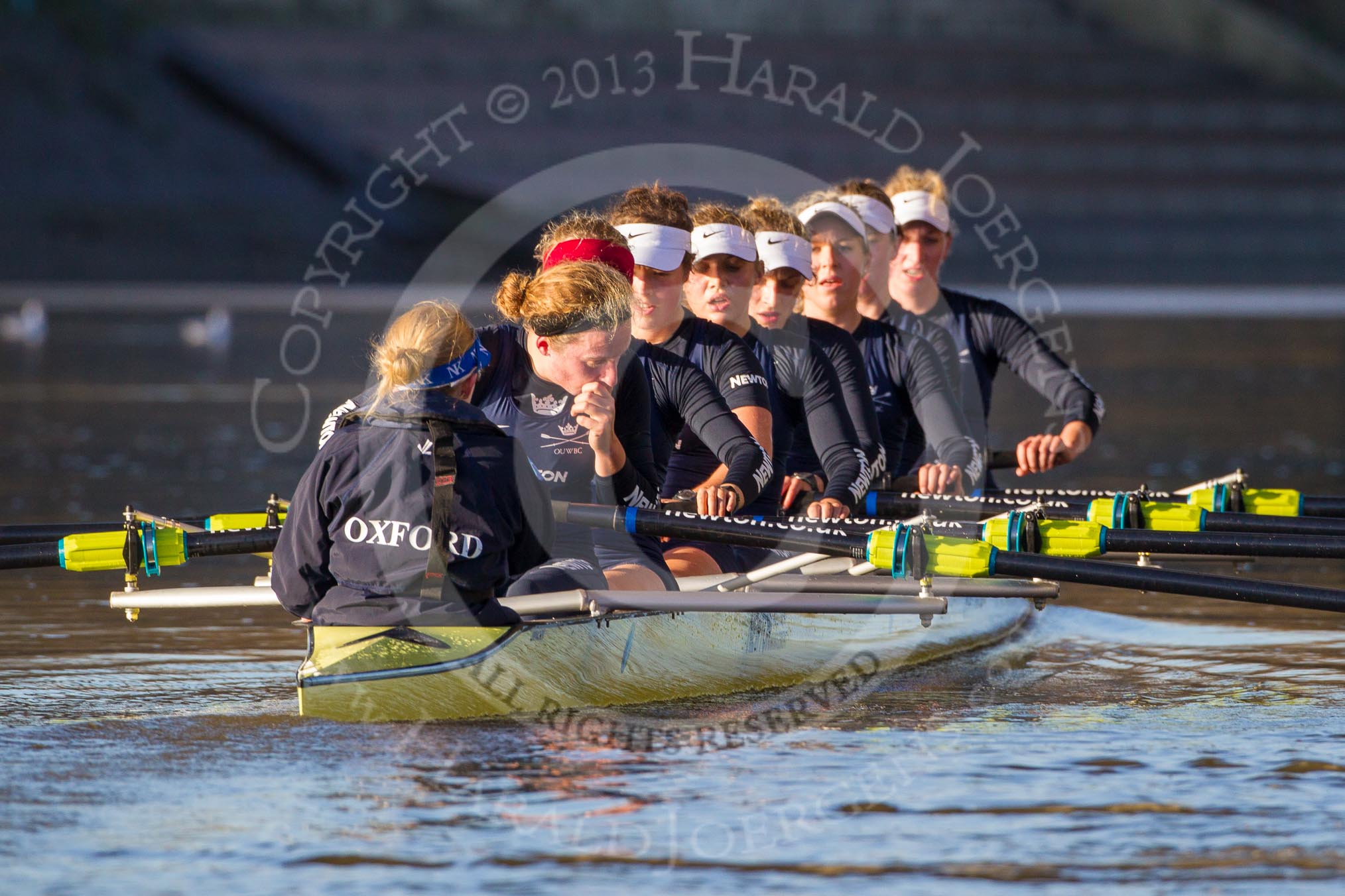 The Boat Race season 2014 - Women's Trial VIIIs (OUWBC, Oxford): Boudicca: Cox Erin Wysocki-Jones, Stroke Anastasia Chitty, 7 Maxie Scheske, 6 Lauren Kedar, 5 Nadine Graedel Iberg, 4 Hannah Roberts, 3 Clare Jamison, 2 Dora Amos, Bow Merel Lefferts..
River Thames between Putney Bridge and Mortlake,
London SW15,

United Kingdom,
on 19 December 2013 at 13:05, image #252