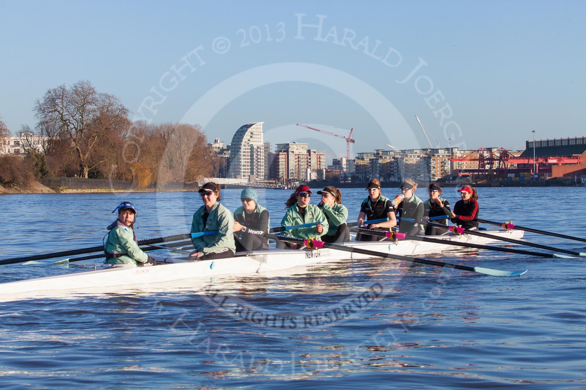 The Boat Race season 2014 - Women's Trial VIIIs(CUWBC, Cambridge): Wink Wink: Cox Priya Crosby, Stroke Melissa Wilson, 7 Jilly Tovey, 6 Fiona Macklin, 5 Caroline Reid, 4 Sara Lackner, 3 Hannah Roberts, 2 Sarah Crowther, Bow Ella Barnard..
River Thames between Putney Bridge and Mortlake,
London SW15,

United Kingdom,
on 19 December 2013 at 13:52, image #289