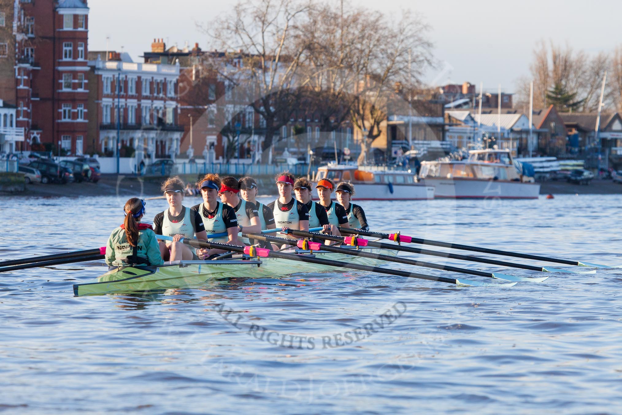 The Boat Race season 2014 - Women's Trial VIIIs(CUWBC, Cambridge): Nudge Nudge: Cox Esther Momcilovic, Stroke Holly Game,7 Izzy Vyvyan, 6 Kate Ashley, 5 Valentina Futoryanova, 4 Catherine Foot, 3 Hannah Evans, 2 Anouska Bartlett, Bow Lottie Meggitt..
River Thames between Putney Bridge and Mortlake,
London SW15,

United Kingdom,
on 19 December 2013 at 14:01, image #299