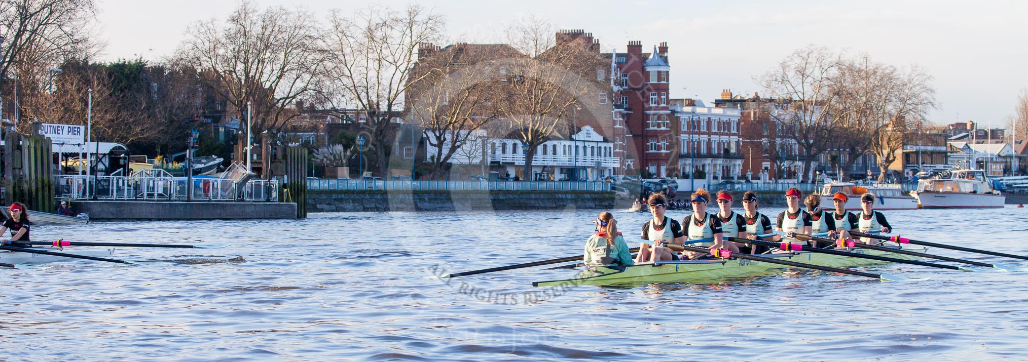 The Boat Race season 2014 - Women's Trial VIIIs(CUWBC, Cambridge): Nudge Nudge: Cox Esther Momcilovic, Stroke Holly Game,7 Izzy Vyvyan, 6 Kate Ashley, 5 Valentina Futoryanova, 4 Catherine Foot, 3 Hannah Evans, 2 Anouska Bartlett, Bow Lottie Meggitt..
River Thames between Putney Bridge and Mortlake,
London SW15,

United Kingdom,
on 19 December 2013 at 14:01, image #300