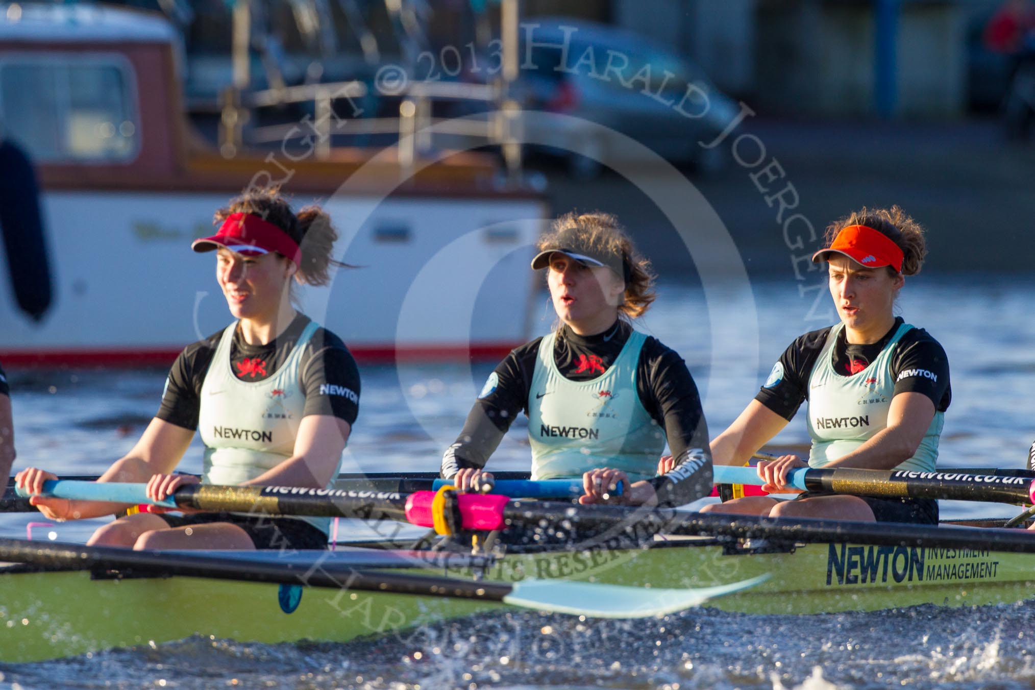 The Boat Race season 2014 - Women's Trial VIIIs(CUWBC, Cambridge): Nudge Nudge: 4 Catherine Foot, 3 Hannah Evans, 2 Anouska Bartlett..
River Thames between Putney Bridge and Mortlake,
London SW15,

United Kingdom,
on 19 December 2013 at 14:03, image #315