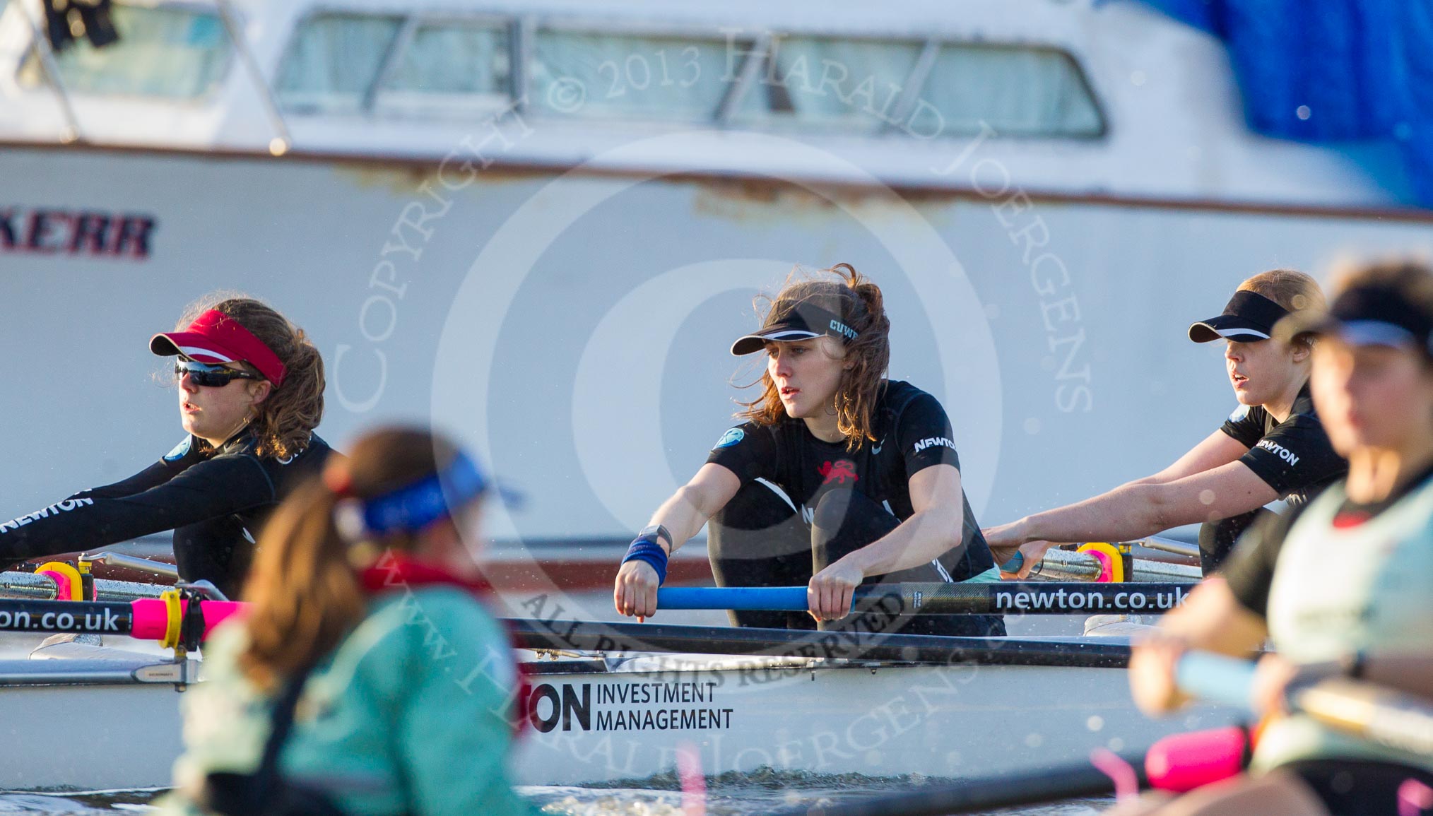 The Boat Race season 2014 - Women's Trial VIIIs(CUWBC, Cambridge): Wink Wink: 6 Fiona Macklin, 5 Caroline Reid, 4 Sara Lackner..
River Thames between Putney Bridge and Mortlake,
London SW15,

United Kingdom,
on 19 December 2013 at 14:03, image #324