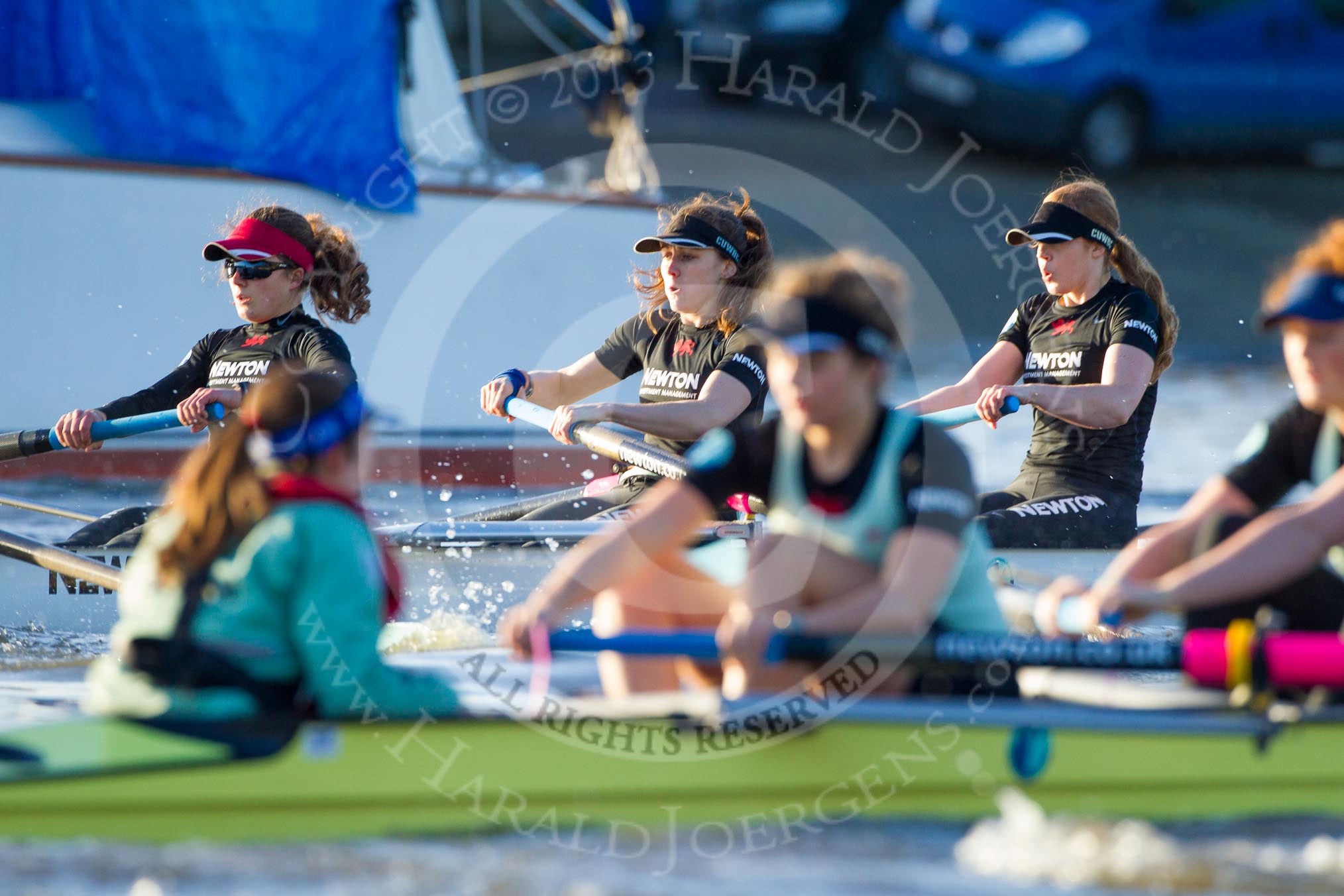 The Boat Race season 2014 - Women's Trial VIIIs(CUWBC, Cambridge): Wink Wink: 6 Fiona Macklin, 5 Caroline Reid, 4 Sara Lackner..
River Thames between Putney Bridge and Mortlake,
London SW15,

United Kingdom,
on 19 December 2013 at 14:03, image #325