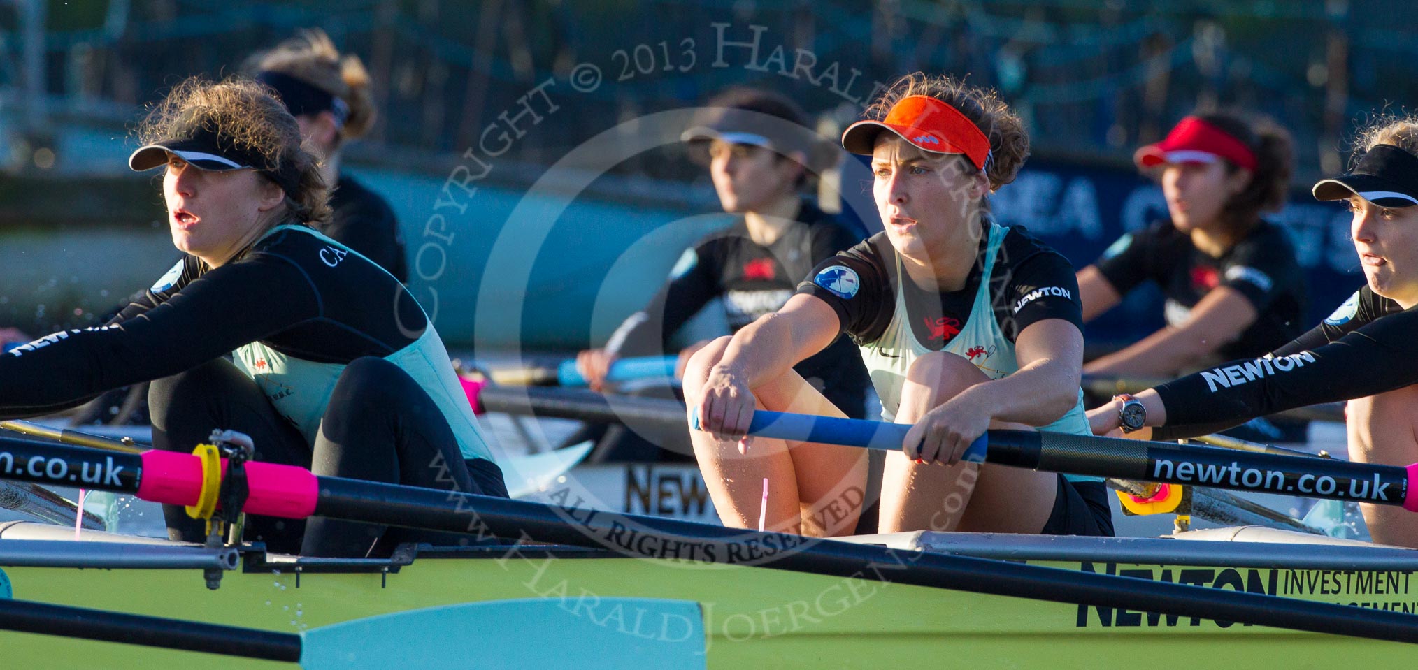 The Boat Race season 2014 - Women's Trial VIIIs(CUWBC, Cambridge): Nudge Nudge: 3 Hannah Evans, 2 Anouska Bartlett, Bow Lottie Meggitt..
River Thames between Putney Bridge and Mortlake,
London SW15,

United Kingdom,
on 19 December 2013 at 14:04, image #344