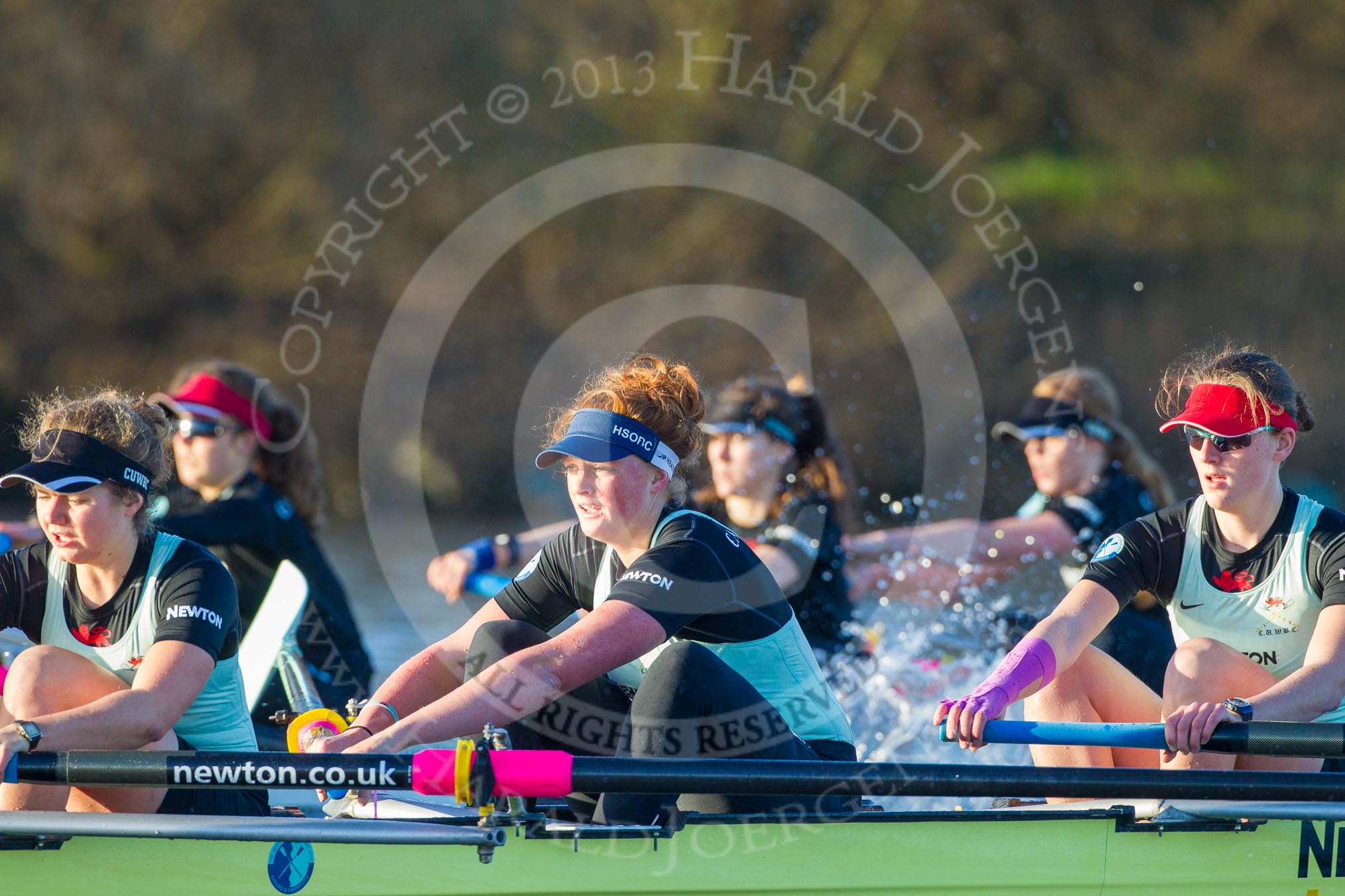 The Boat Race season 2014 - Women's Trial VIIIs(CUWBC, Cambridge): Nudge Nudge:Stroke Holly Game,7 Izzy Vyvyan, 6 Kate Ashley..
River Thames between Putney Bridge and Mortlake,
London SW15,

United Kingdom,
on 19 December 2013 at 14:06, image #373