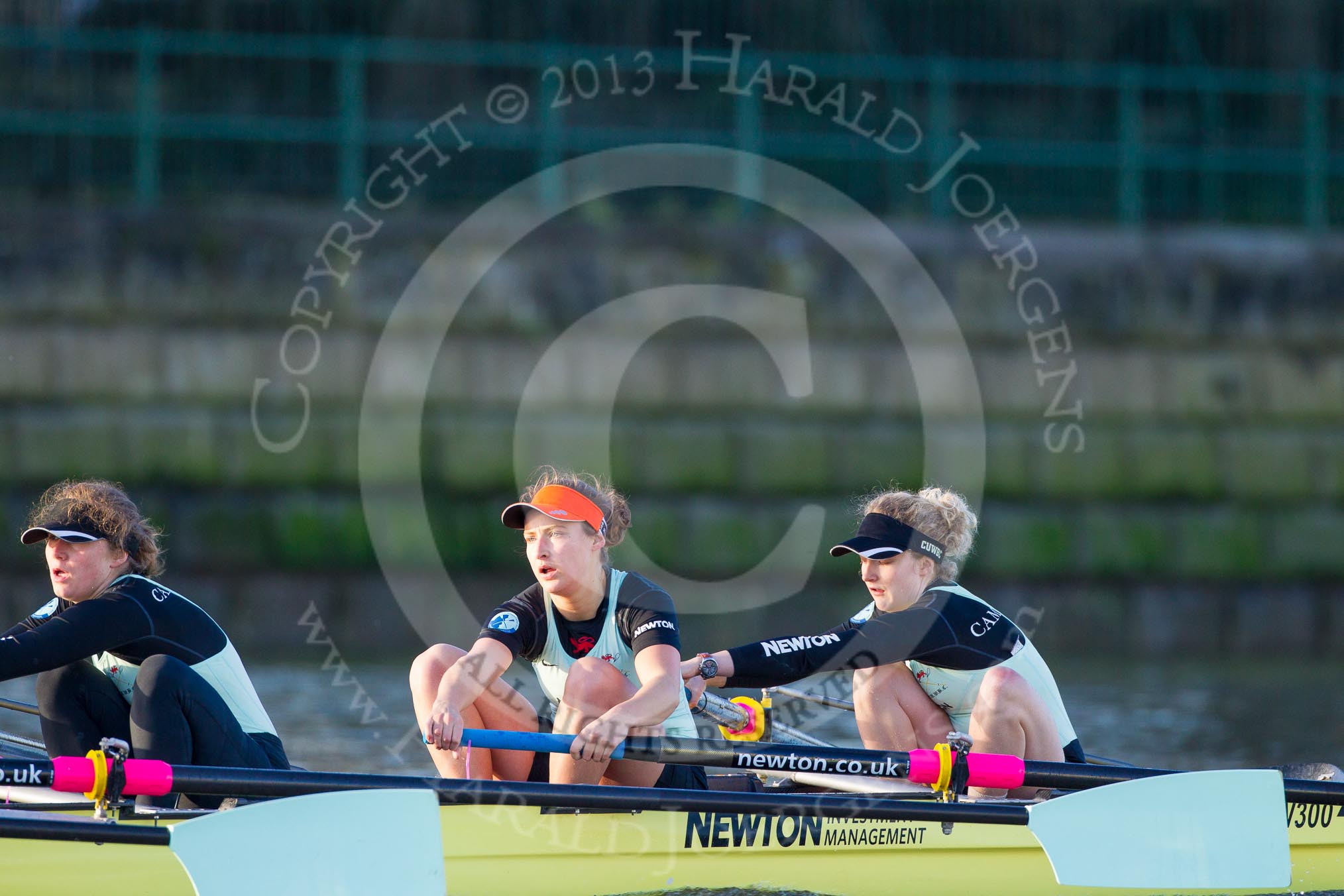 The Boat Race season 2014 - Women's Trial VIIIs(CUWBC, Cambridge): Nudge Nudge: 3 Hannah Evans, 2 Anouska Bartlett, Bow Lottie Meggitt..
River Thames between Putney Bridge and Mortlake,
London SW15,

United Kingdom,
on 19 December 2013 at 14:09, image #392