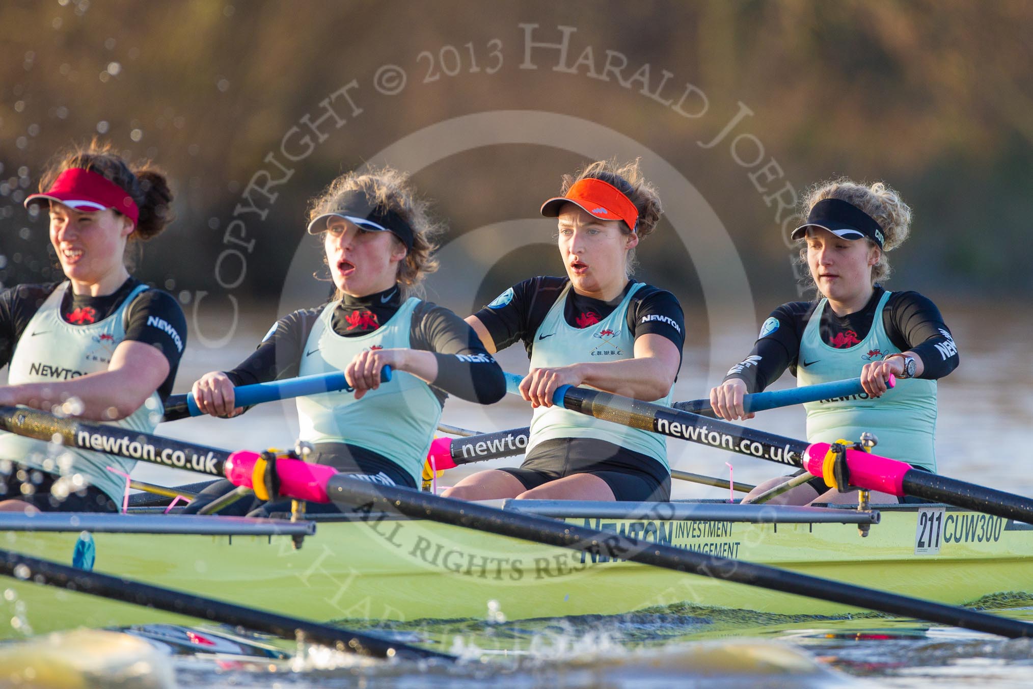 The Boat Race season 2014 - Women's Trial VIIIs(CUWBC, Cambridge): Nudge Nudge: 4 Catherine Foot, 3 Hannah Evans, 2 Anouska Bartlett, Bow Lottie Meggitt..
River Thames between Putney Bridge and Mortlake,
London SW15,

United Kingdom,
on 19 December 2013 at 14:10, image #406