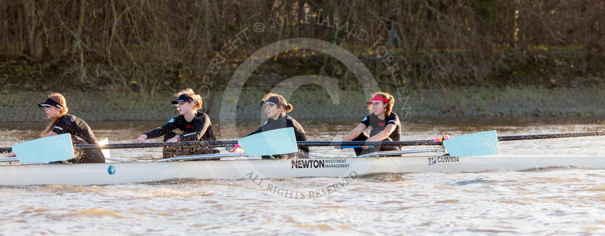 The Boat Race season 2014 - Women's Trial VIIIs(CUWBC, Cambridge): Wink Wink: 4 Sara Lackner, 3 Hannah Roberts, 2 Sarah Crowther, Bow Ella Barnard..
River Thames between Putney Bridge and Mortlake,
London SW15,

United Kingdom,
on 19 December 2013 at 14:14, image #440