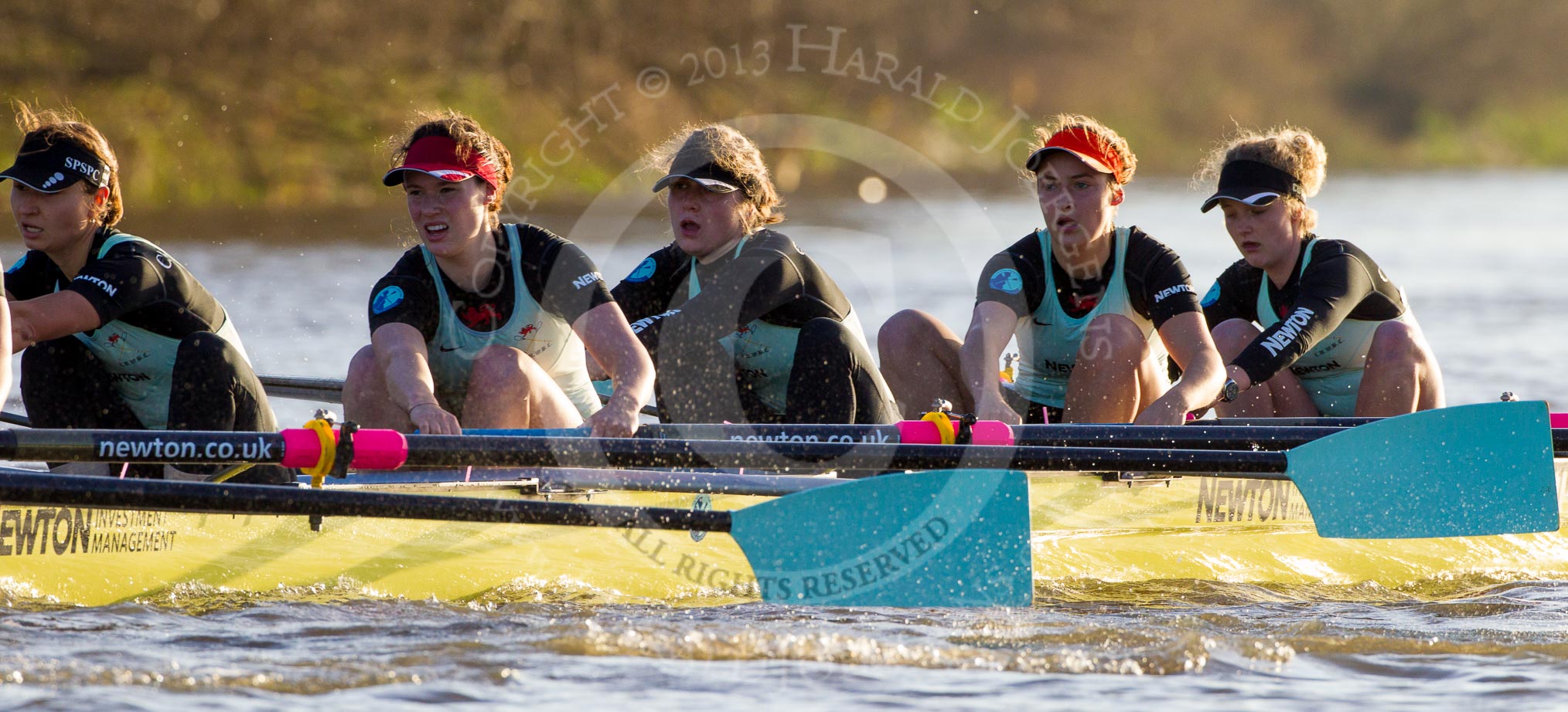 The Boat Race season 2014 - Women's Trial VIIIs(CUWBC, Cambridge): Nudge Nudge:  5 Valentina Futoryanova, 4 Catherine Foot, 3 Hannah Evans, 2 Anouska Bartlett, Bow Lottie Meggitt..
River Thames between Putney Bridge and Mortlake,
London SW15,

United Kingdom,
on 19 December 2013 at 14:15, image #450