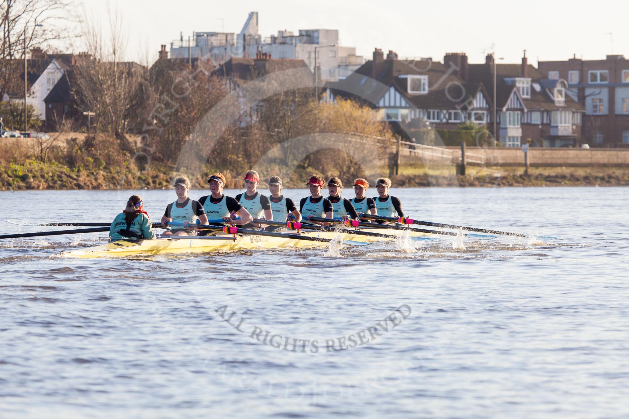 The Boat Race season 2014 - Women's Trial VIIIs(CUWBC, Cambridge): Nudge Nudge: Cox Esther Momcilovic, Stroke Holly Game,7 Izzy Vyvyan, 6 Kate Ashley, 5 Valentina Futoryanova, 4 Catherine Foot, 3 Hannah Evans, 2 Anouska Bartlett, Bow Lottie Meggitt..
River Thames between Putney Bridge and Mortlake,
London SW15,

United Kingdom,
on 19 December 2013 at 14:17, image #464